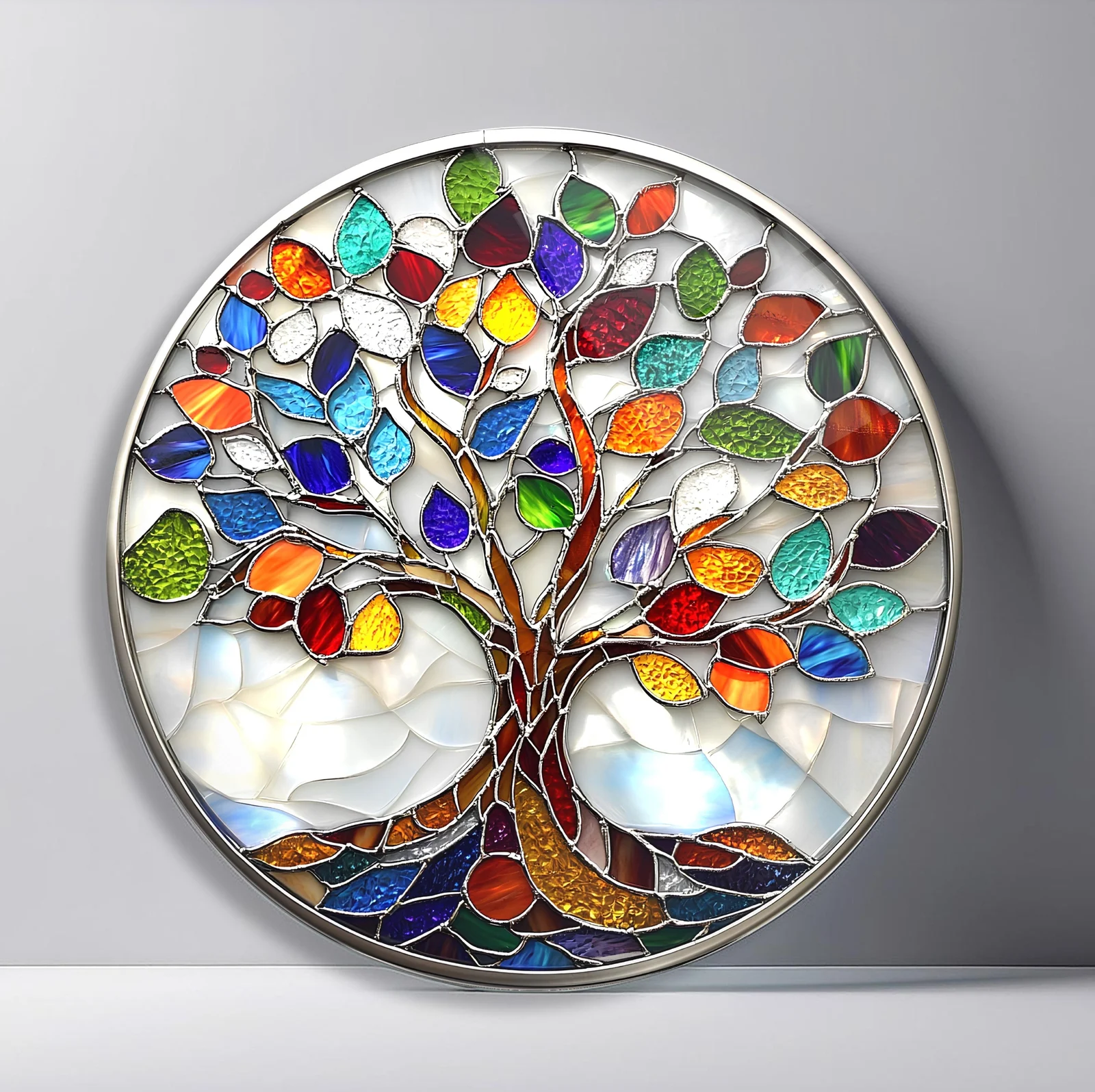 Rainbow Leaf Tree Mosaic Round Glass Wall Art featuring white-trunk tree filled with bright multicolor glass leaves