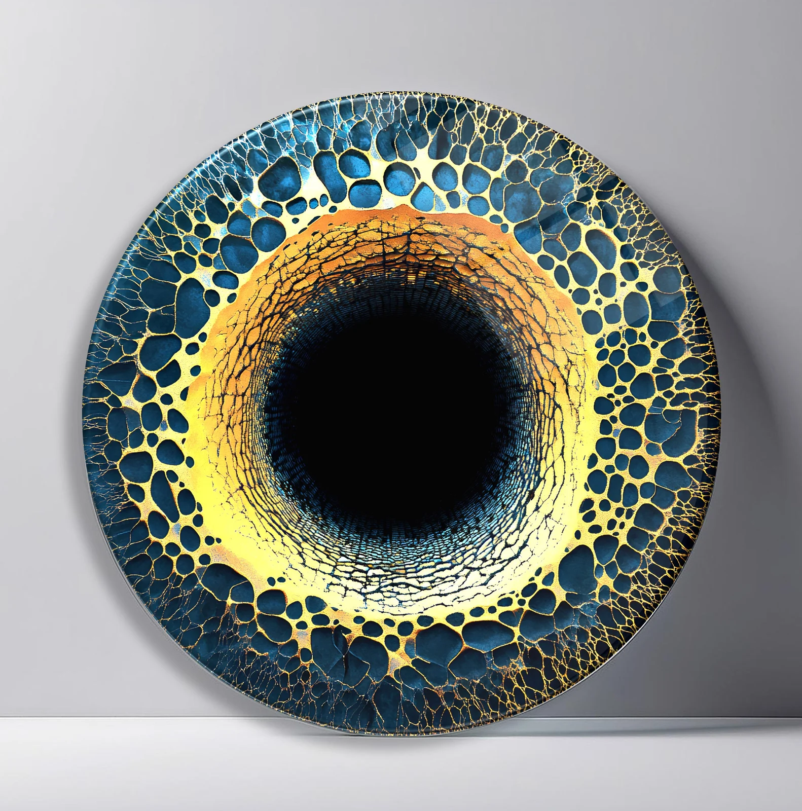 Midnight Gold Geode Eye Round Glass Wall Art featuring dark central void surrounded by gold and navy cellular stone textures