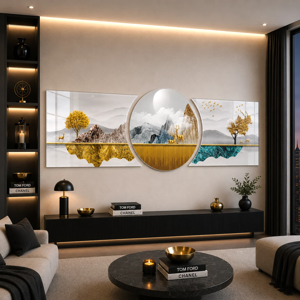 Golden Mountain Panorama Custom-Cut Three-Piece Glass Wall Art, displayed above a console in a warm modern living room