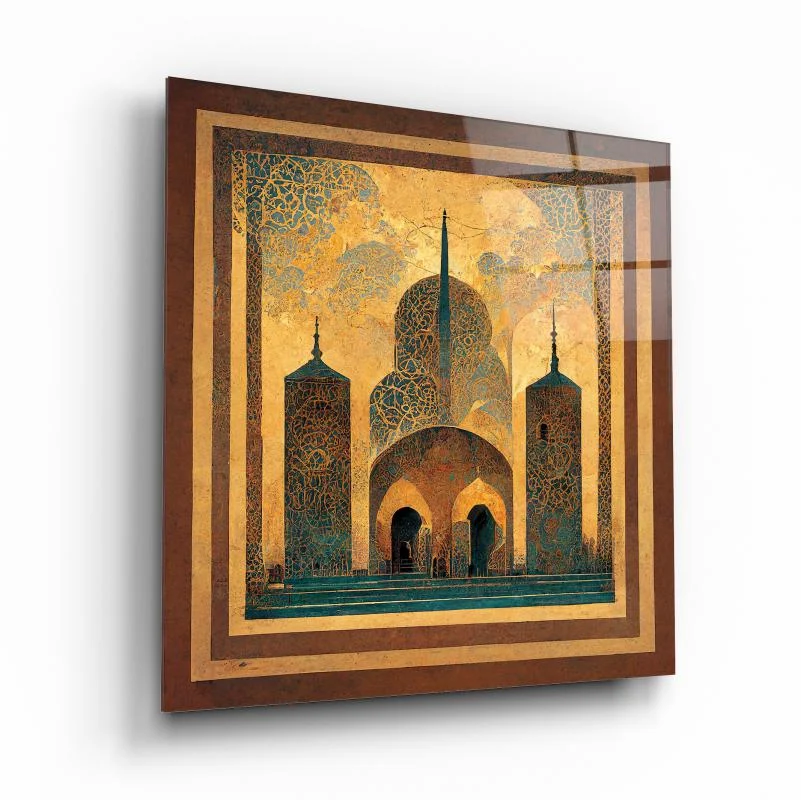 Golden Mosque Mosaic Square Glass Wall Art, front angled view