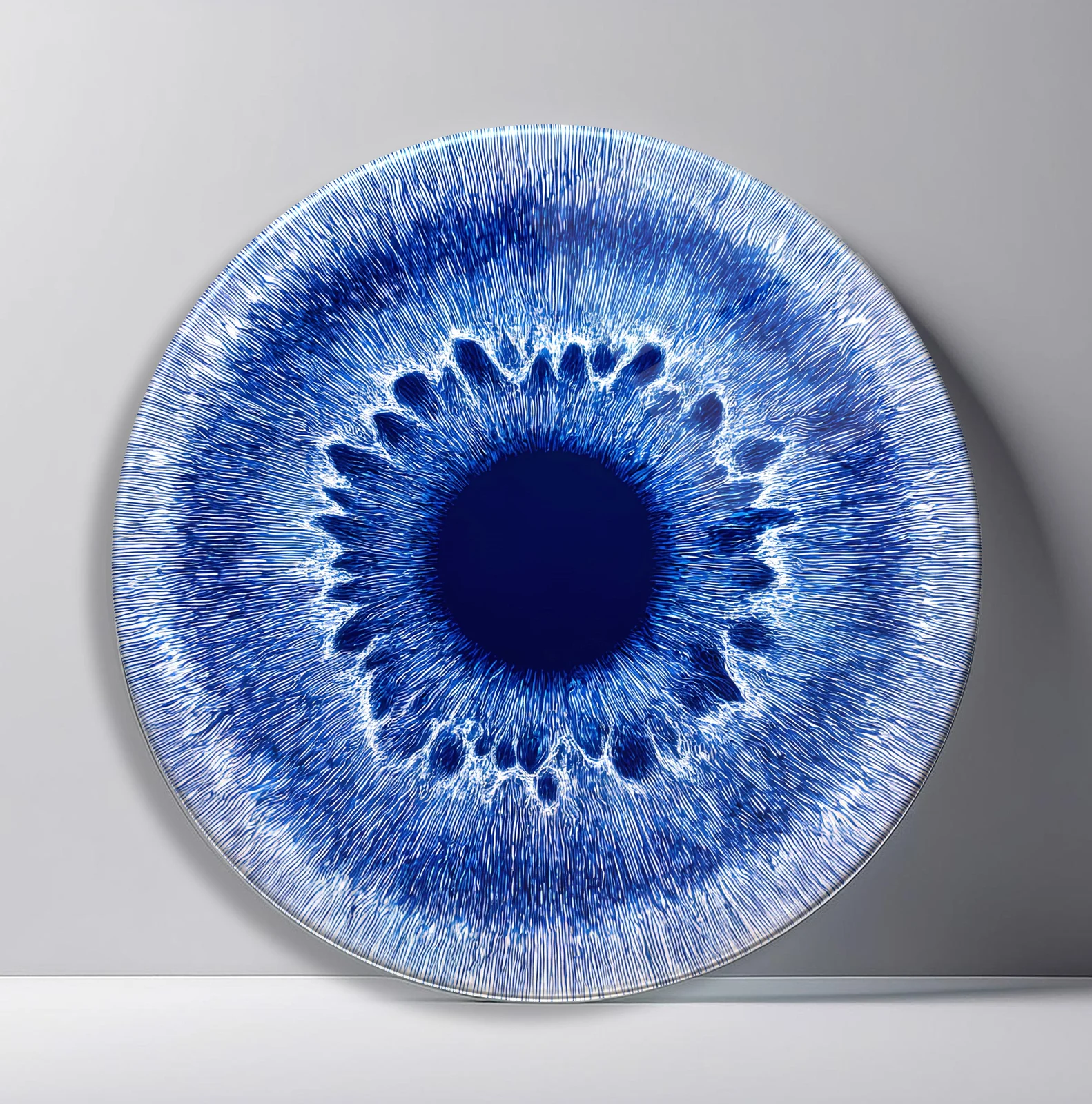 Sapphire Frost Iris Round Glass Wall Art featuring deep blue iris ringed with sharp icy white fibers