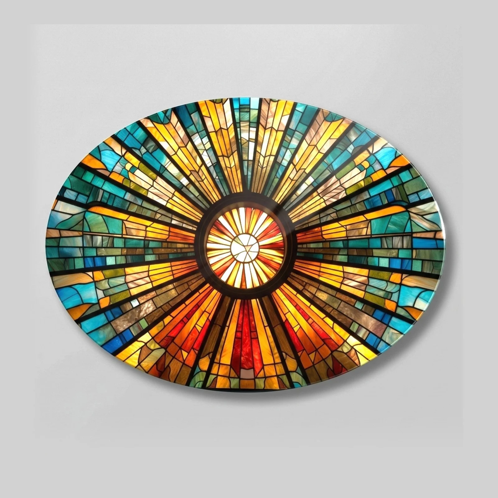Rainbow Stained Glass Dome Horizontal Oval Glass Wall Art, front product view on a neutral background