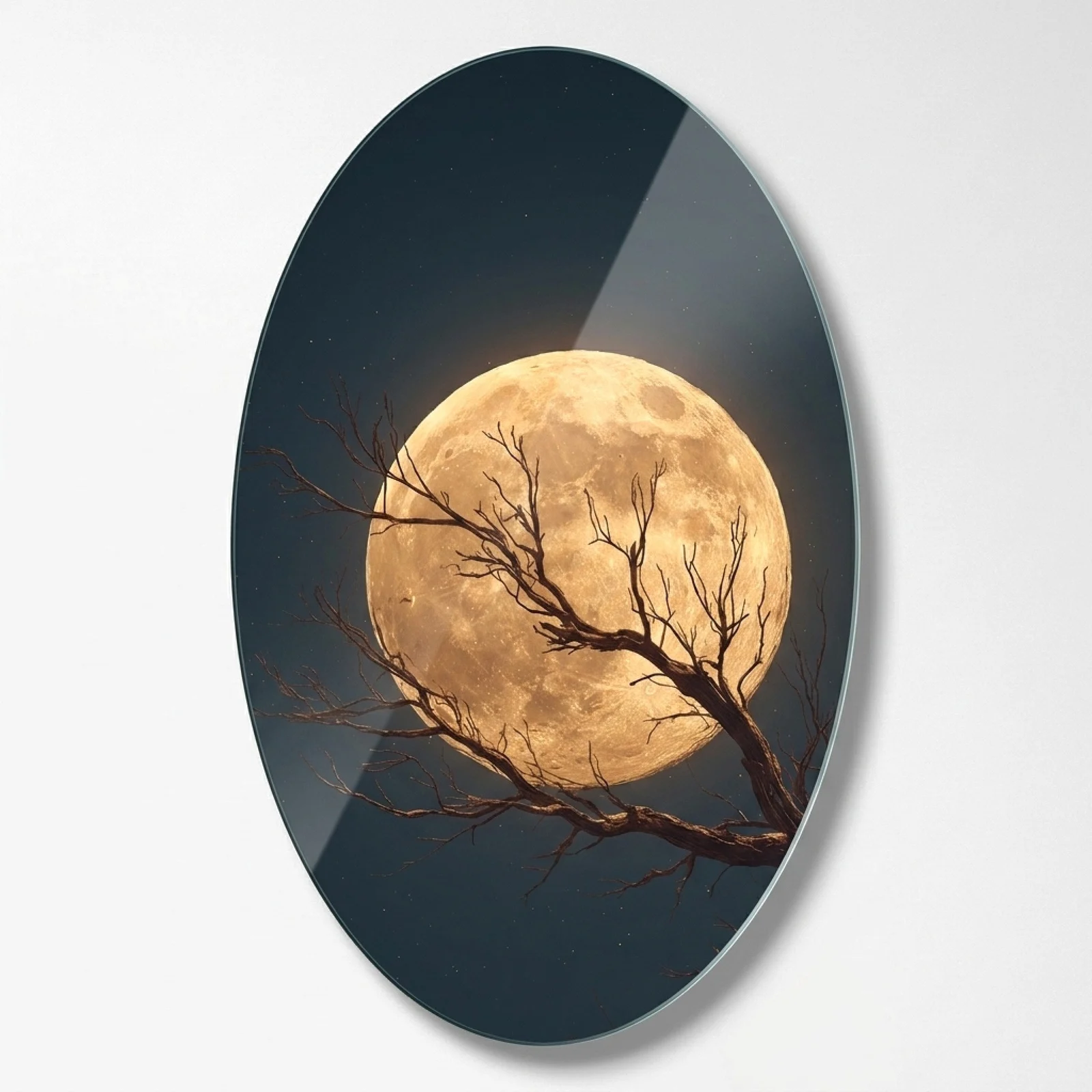 Full Moon and Bare Branches Oval Glass Wall Art, front product view on a neutral background