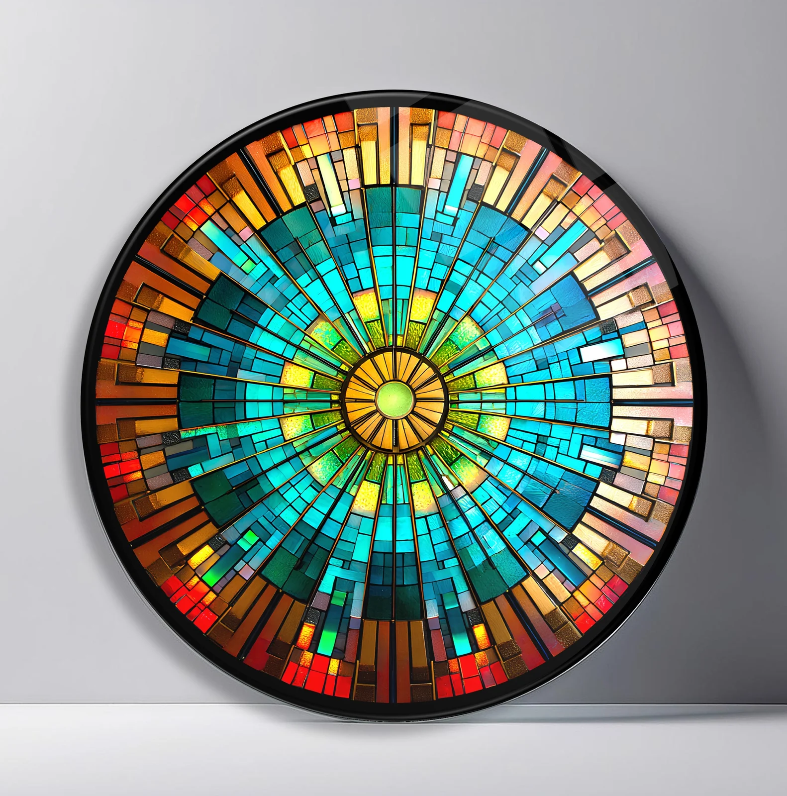 Festival Prism Mosaic Round Glass Wall Art featuring bright rectangular glass tiles arranged in a circular architectural pattern