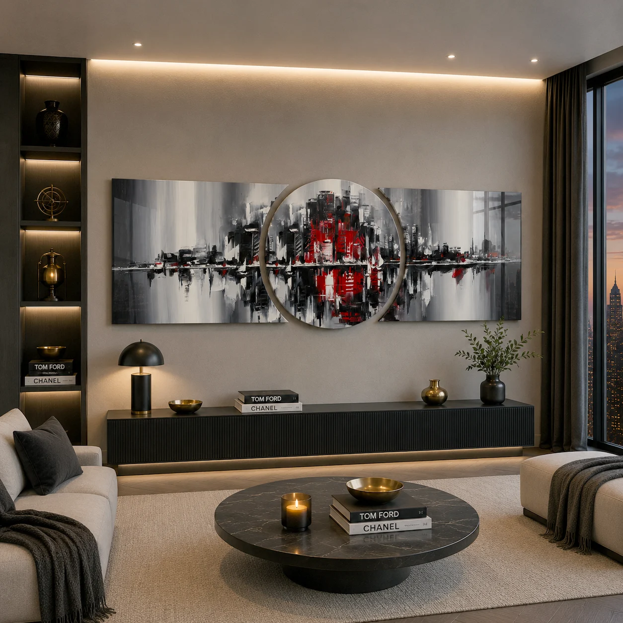Red Black City Reflections Custom-Cut Three-Piece Glass Wall Art, displayed above a console in a warm modern living room