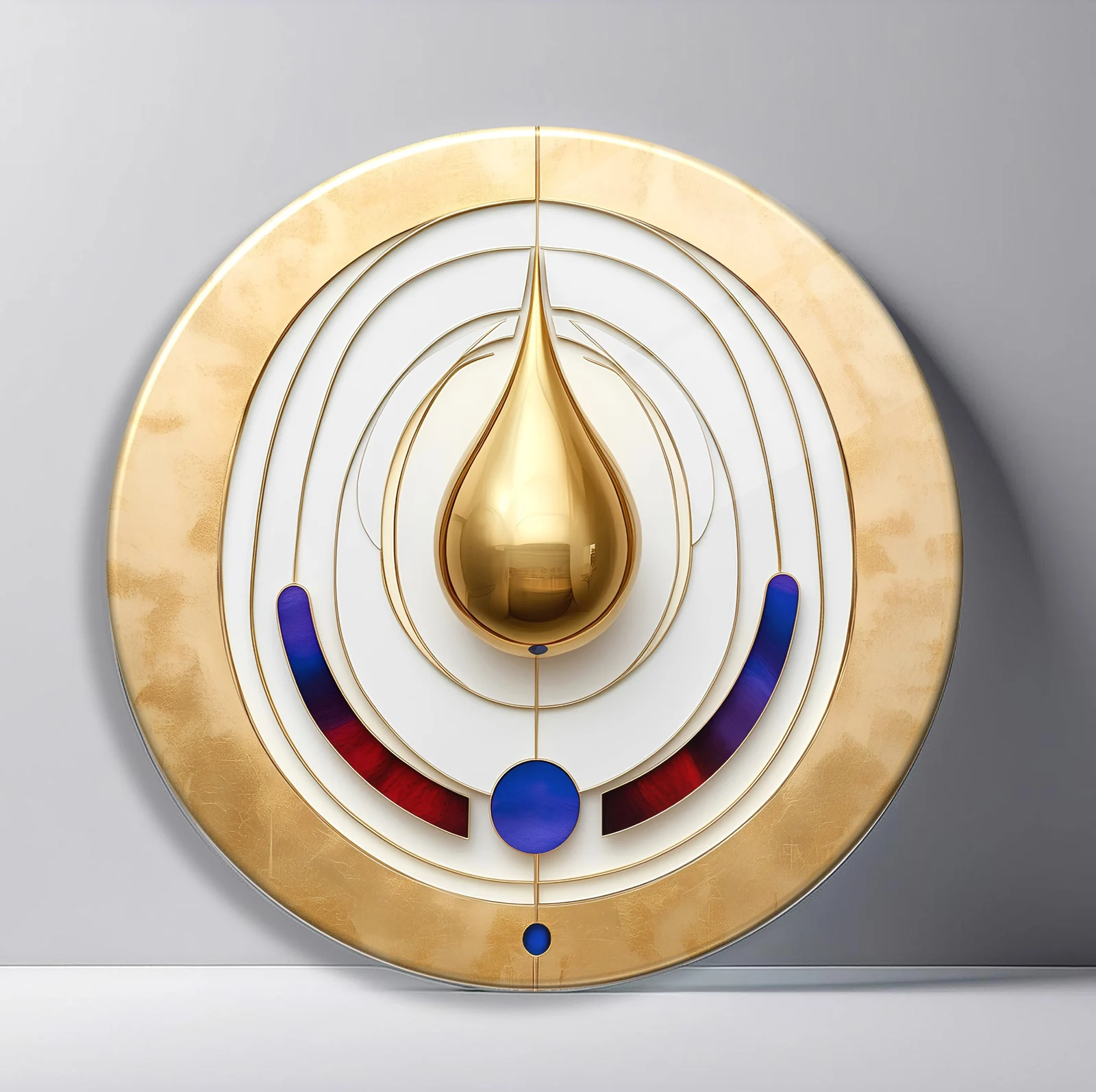 Golden Drop Balance Round Glass Wall Art featuring metallic gold teardrop suspended within clean concentric arcs