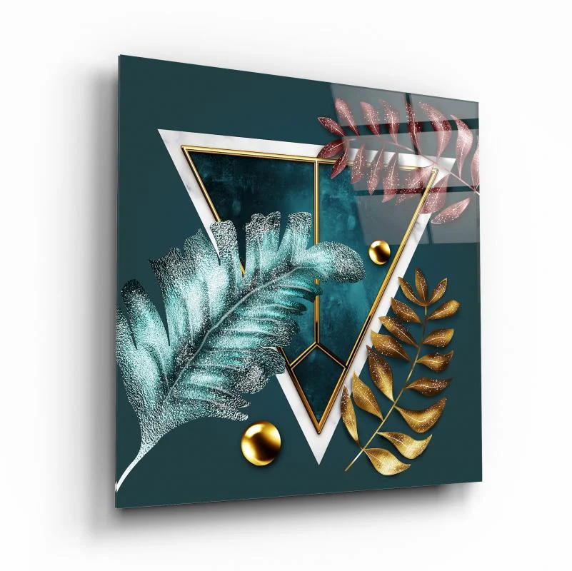 Teal Botanical Geometry Square Glass Wall Art, front angled view