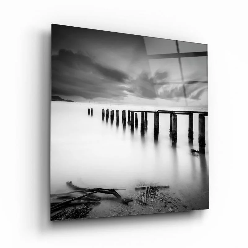 Minimal Misty Pier Square Glass Wall Art, front angled view