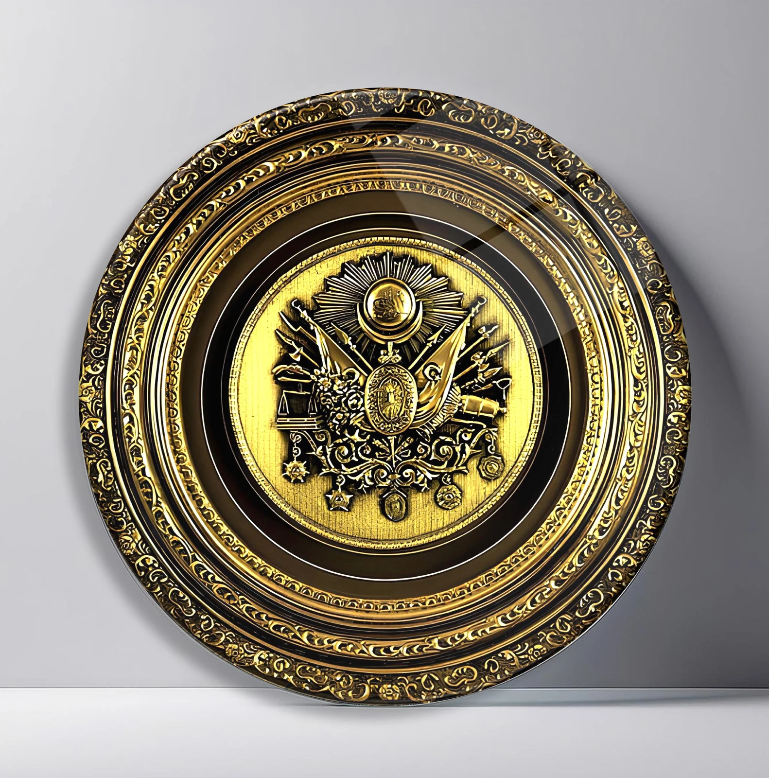 Ottoman Imperial Crest Round Glass Wall Art featuring ornate historical imperial emblem centered in layered gold borders