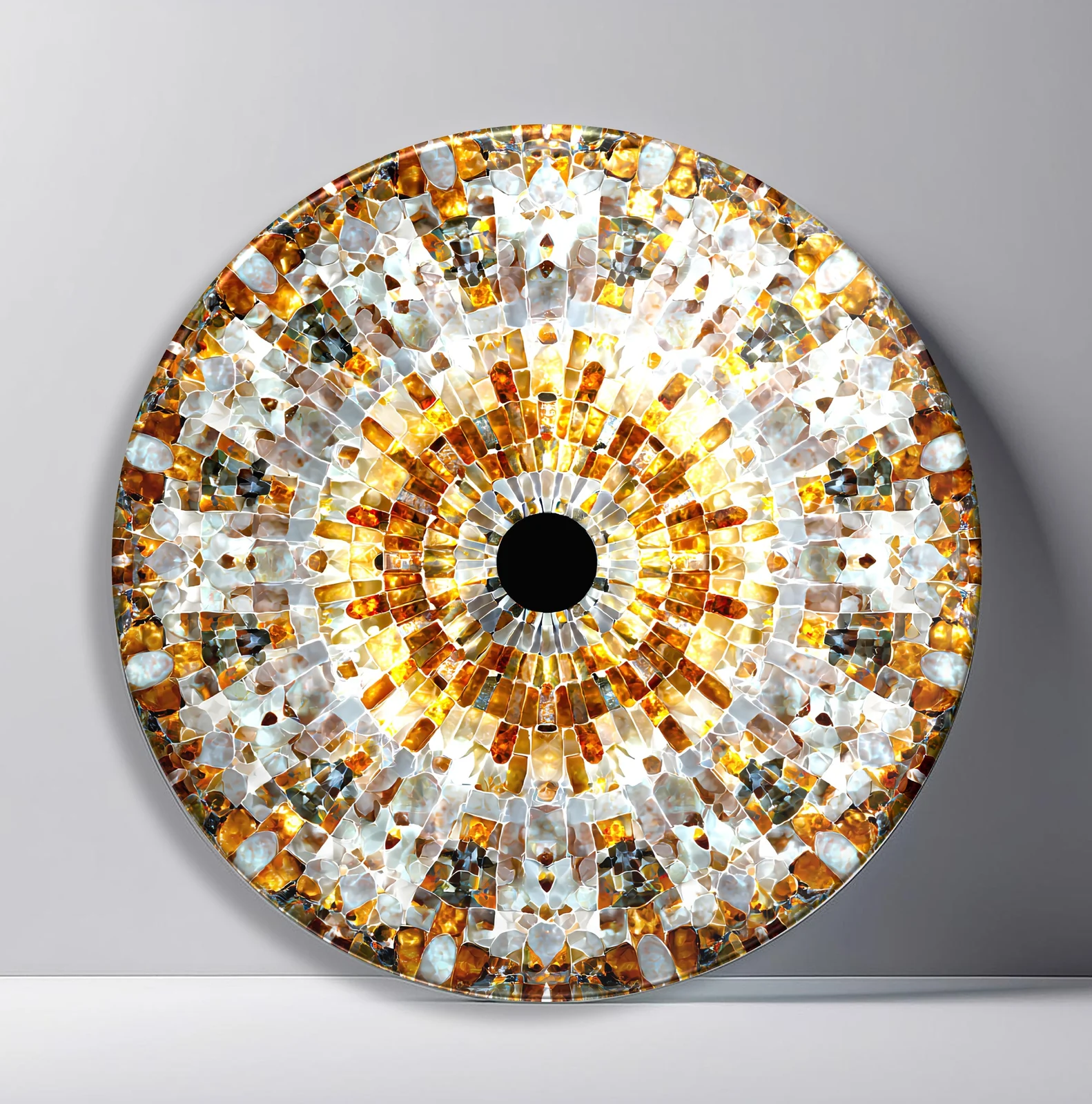 Amber Quartz Mosaic Eye Round Glass Wall Art featuring faceted clear and amber stones radiating around a black center