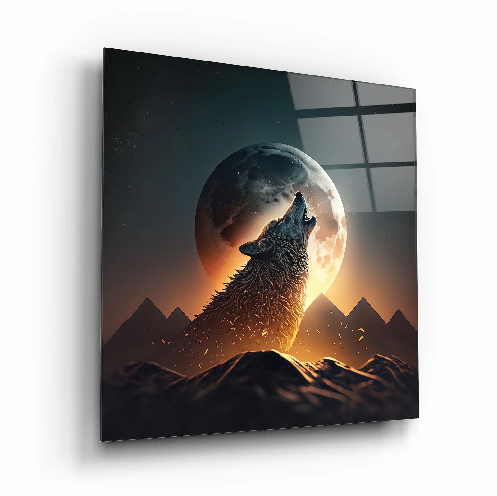Wolf Howling Beneath the Moon Square Glass Wall Art, front angled view