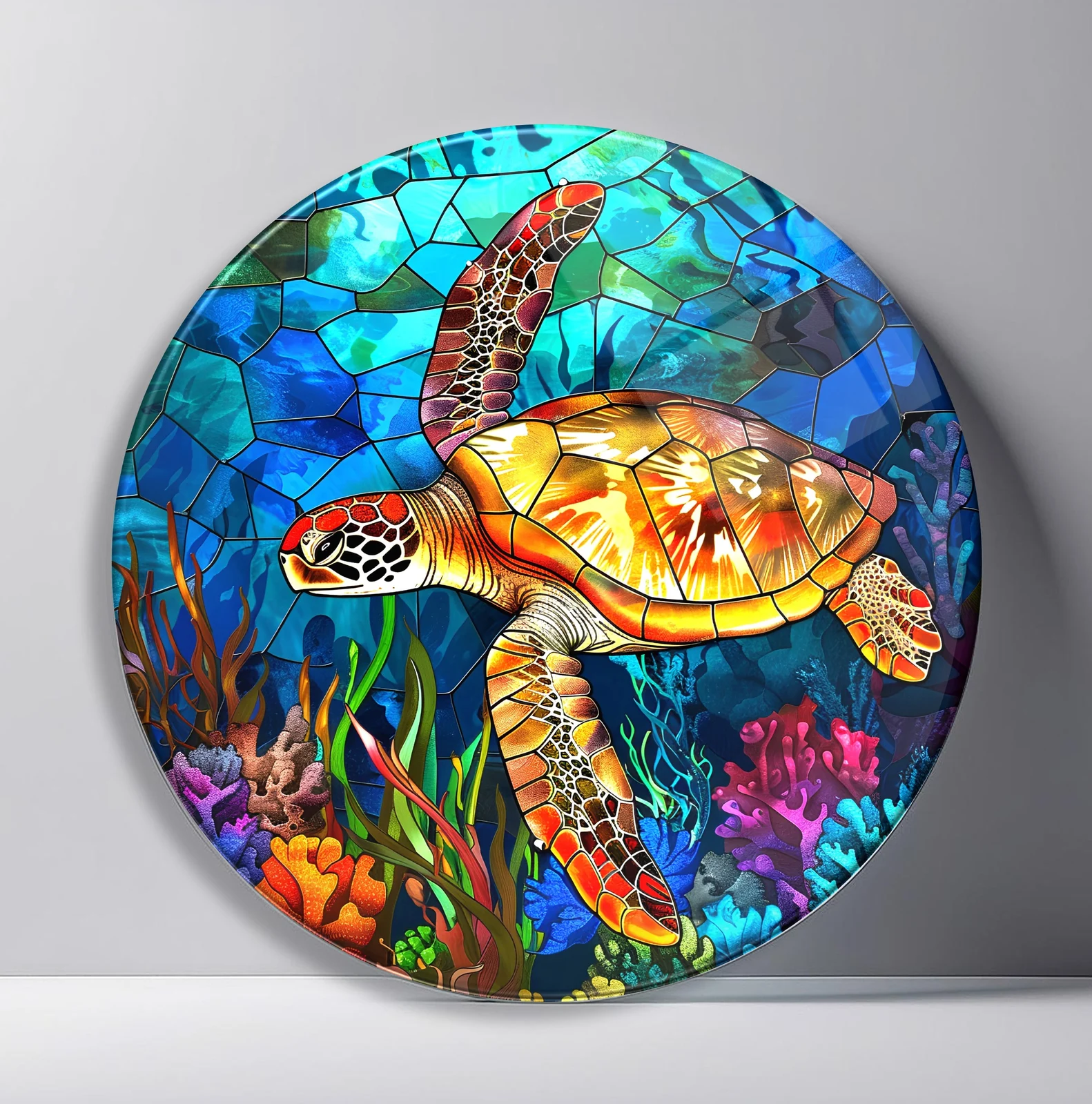 Amber Sea Turtle Reef Round Glass Wall Art featuring amber-shelled sea turtle swimming through a colorful coral garden