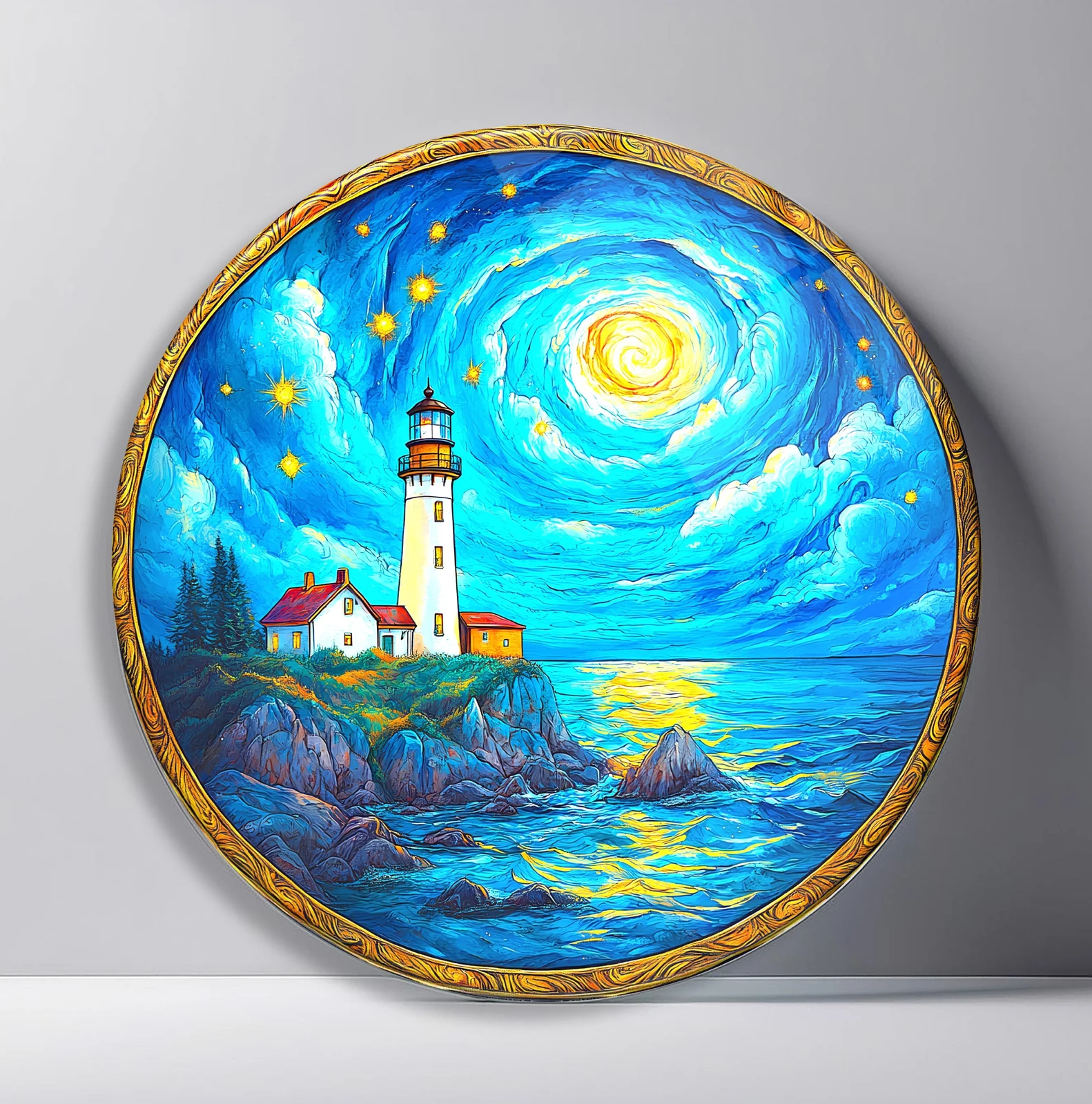 Starry Lighthouse by the Sea Round Glass Wall Art featuring white lighthouse beneath a swirling moonlit blue sky