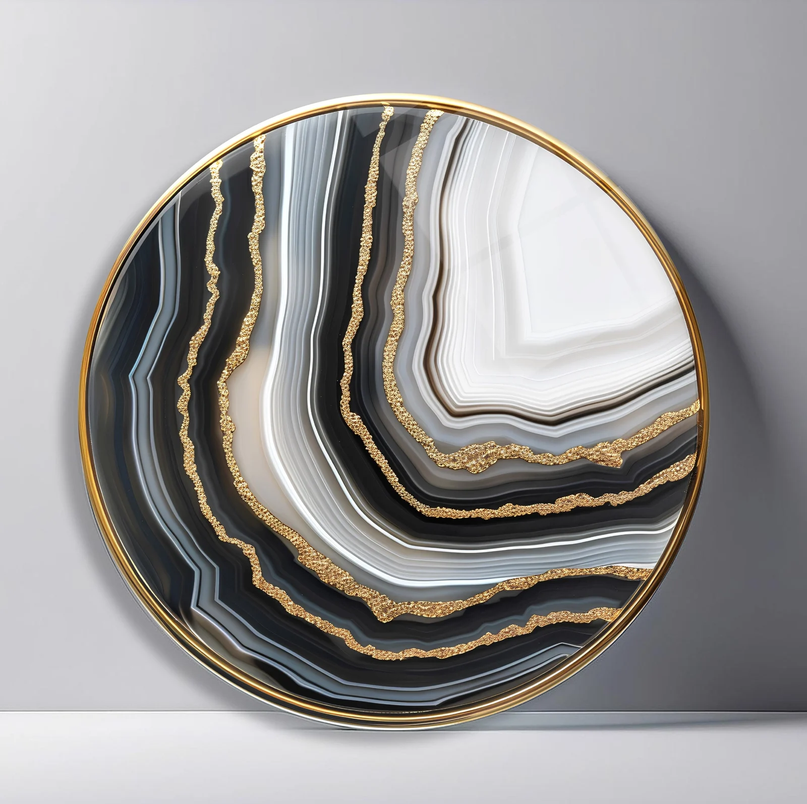 Black White Gold Agate Round Glass Wall Art featuring layered black and white mineral bands highlighted by fine gold seams