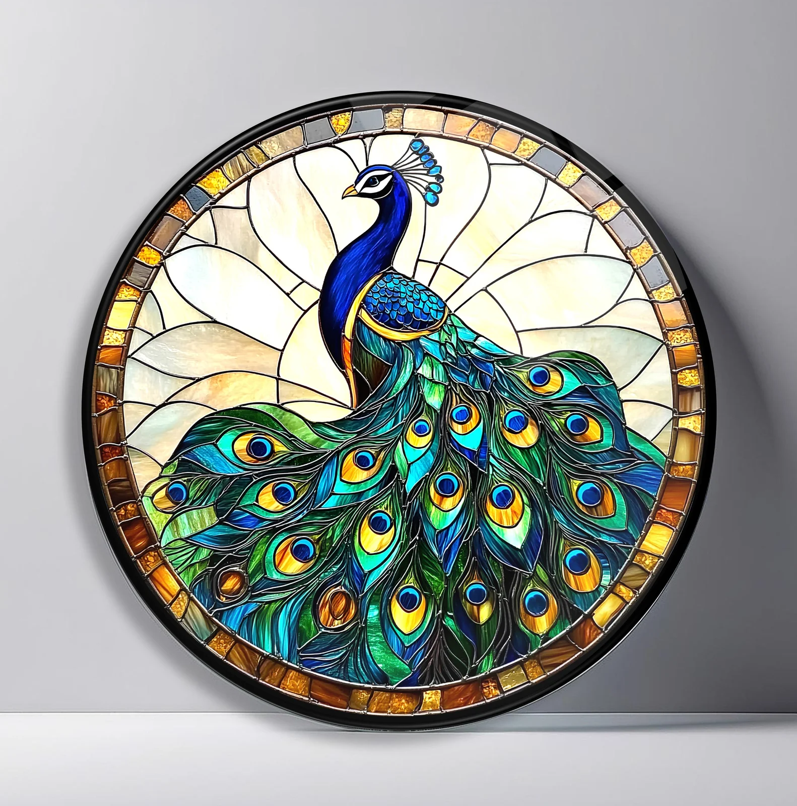 Peacock Fan in Ivory Light Round Glass Wall Art featuring peacock displaying jewel-toned eye feathers against an ivory fan backdrop