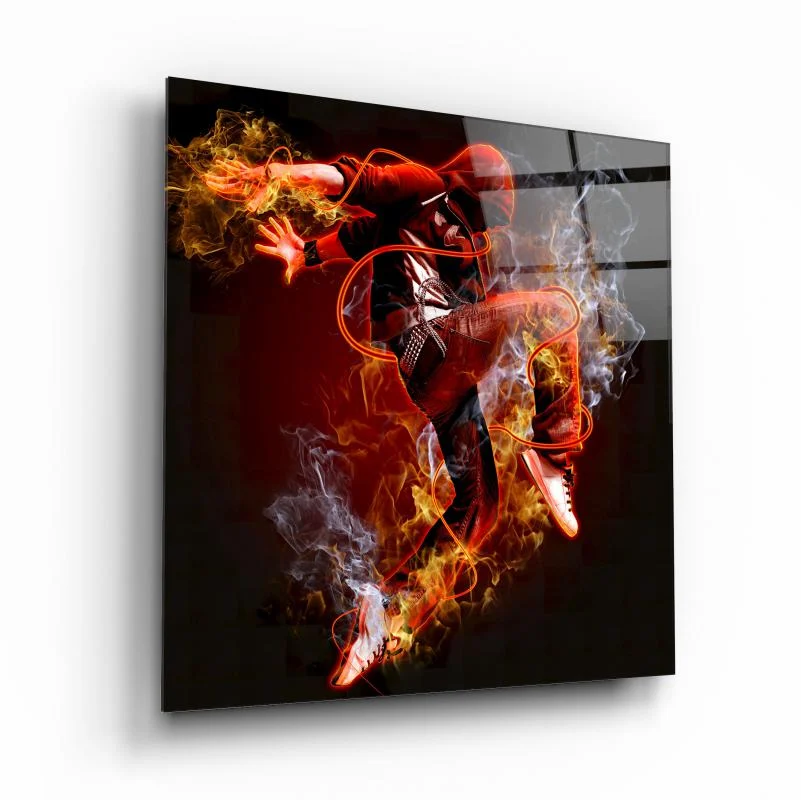 Flaming Basketball Player Square Glass Wall Art, front angled view