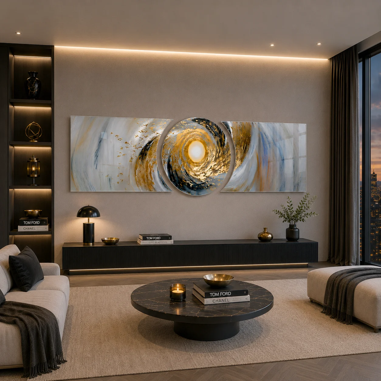 Ivory Gold Vortex Custom-Cut Three-Piece Glass Wall Art, displayed above a console in a warm modern living room