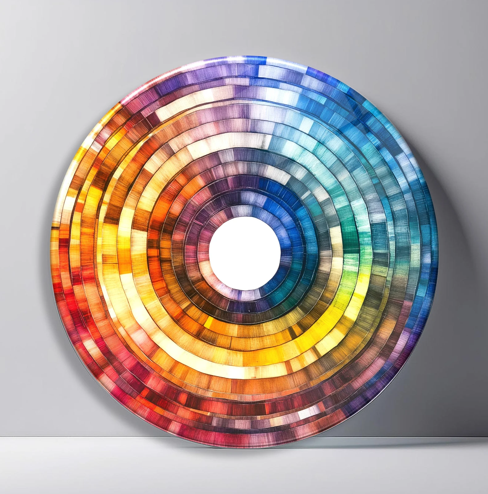Rainbow Mosaic Halo Round Glass Wall Art featuring translucent multicolor tile rings surrounding an open white center