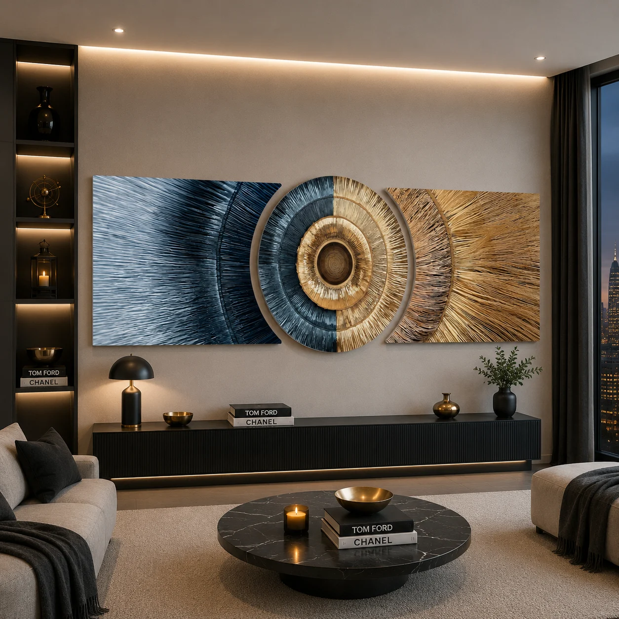 Blue Gold Circular Texture Custom-Cut Three-Piece Glass Wall Art, displayed above a console in a warm modern living room