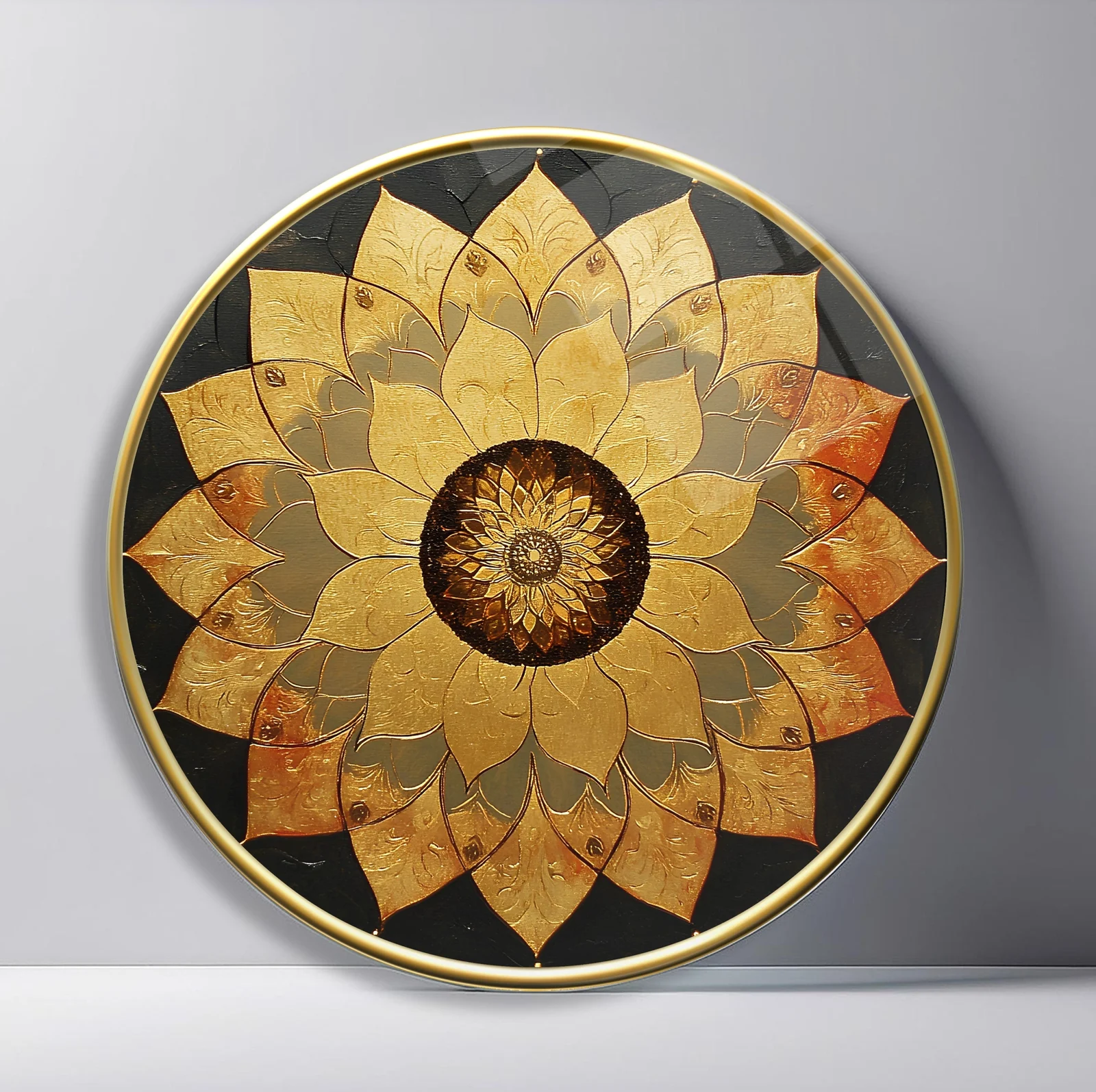 Golden Sunflower Mandala Round Glass Wall Art featuring layered metallic sunflower petals radiating from a textured brown center
