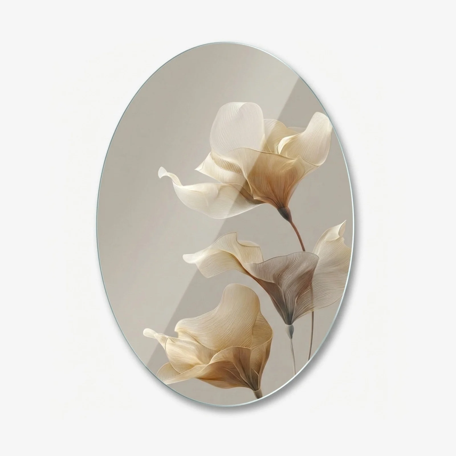 Ivory Floral Minimal Oval Glass Wall Art, front product view on a neutral background