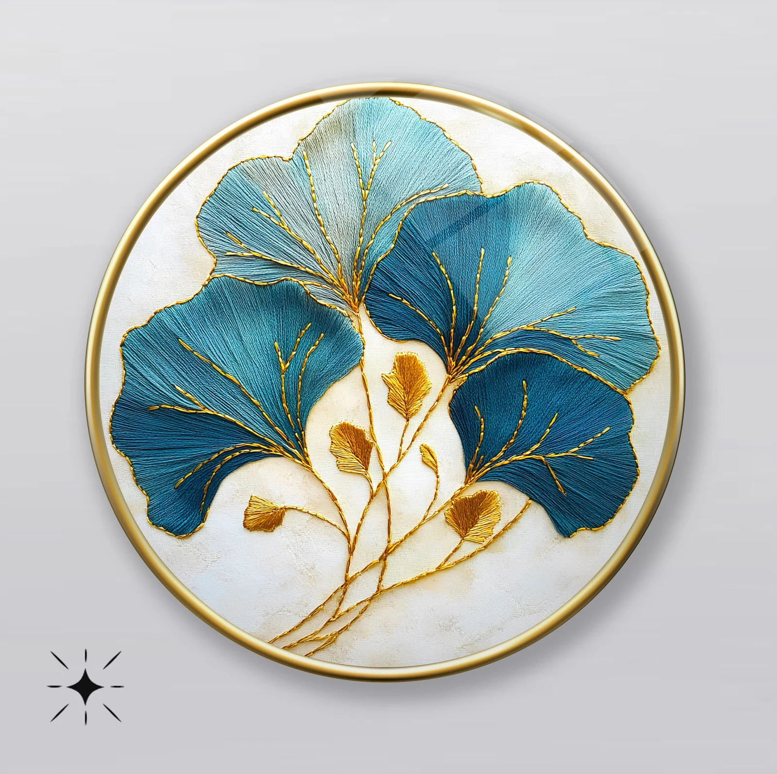 Teal Ginkgo Leaves Round Glass Wall Art featuring three fan-shaped ginkgo leaves traced with fine gold veins