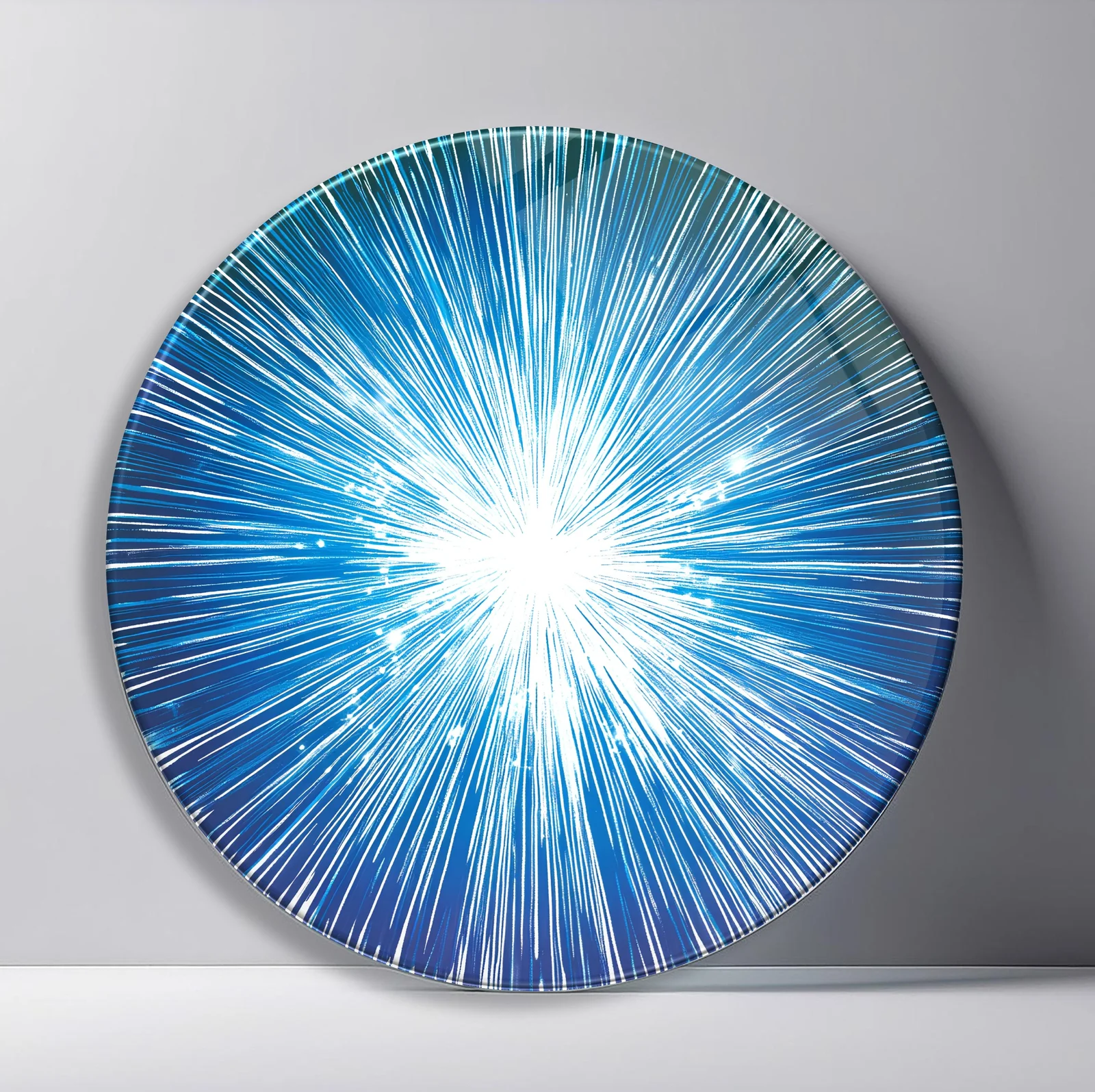 Blue White Stellar Burst Round Glass Wall Art featuring intense white light exploding through hundreds of blue rays