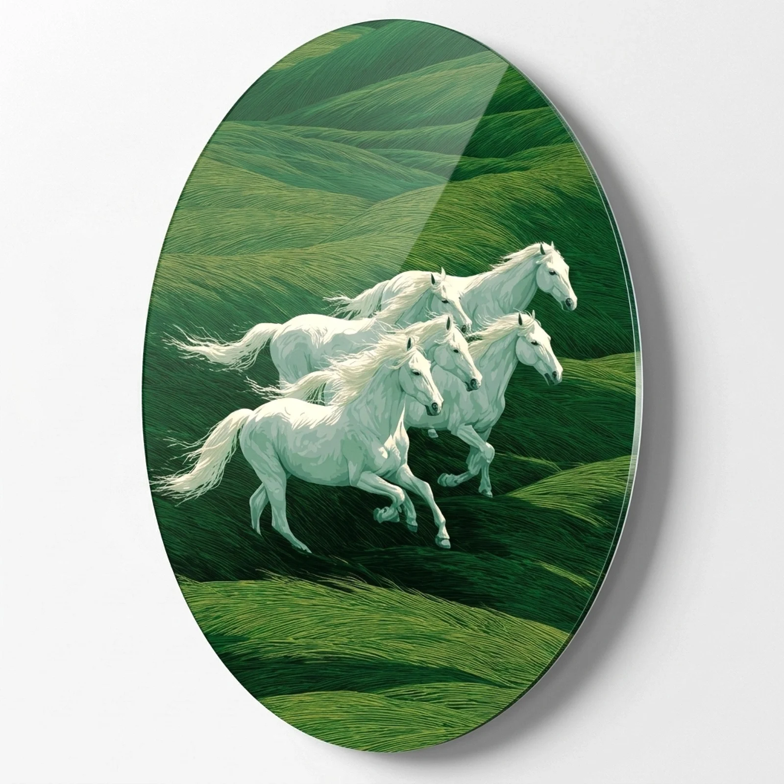 Four White Horses in Green Hills Oval Glass Wall Art, front product view on a neutral background