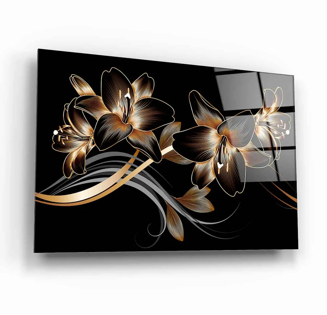 Gold Lily Blossoms Tempered Glass Wall Art, primary product view, model GLS1286