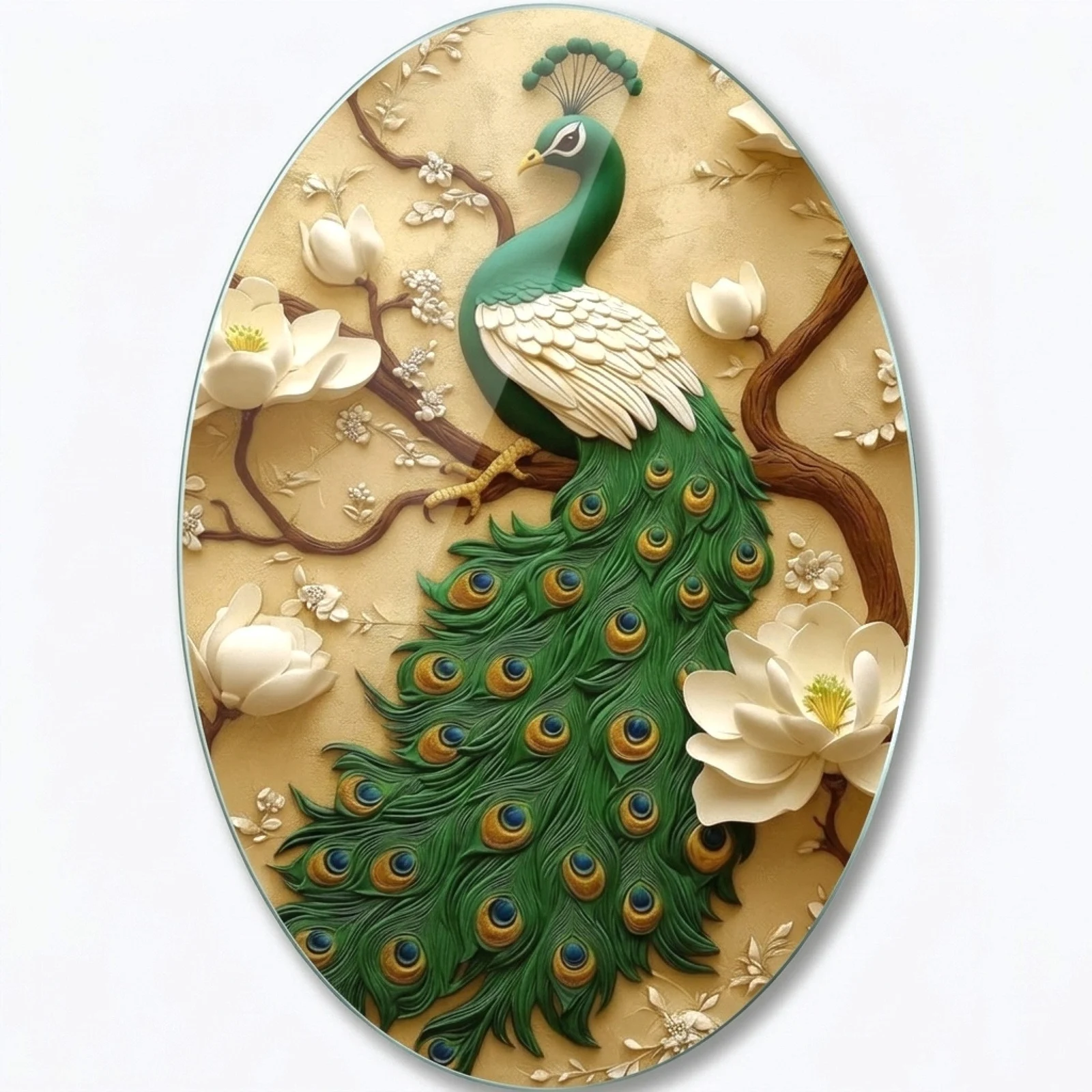Emerald Peacock and Magnolias Oval Glass Wall Art, front product view on a neutral background
