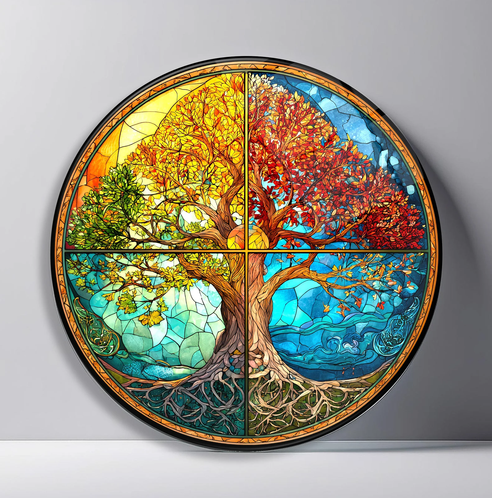 Four Seasons Tree Mosaic Round Glass Wall Art featuring rooted tree spanning spring, summer, autumn, and winter quadrants