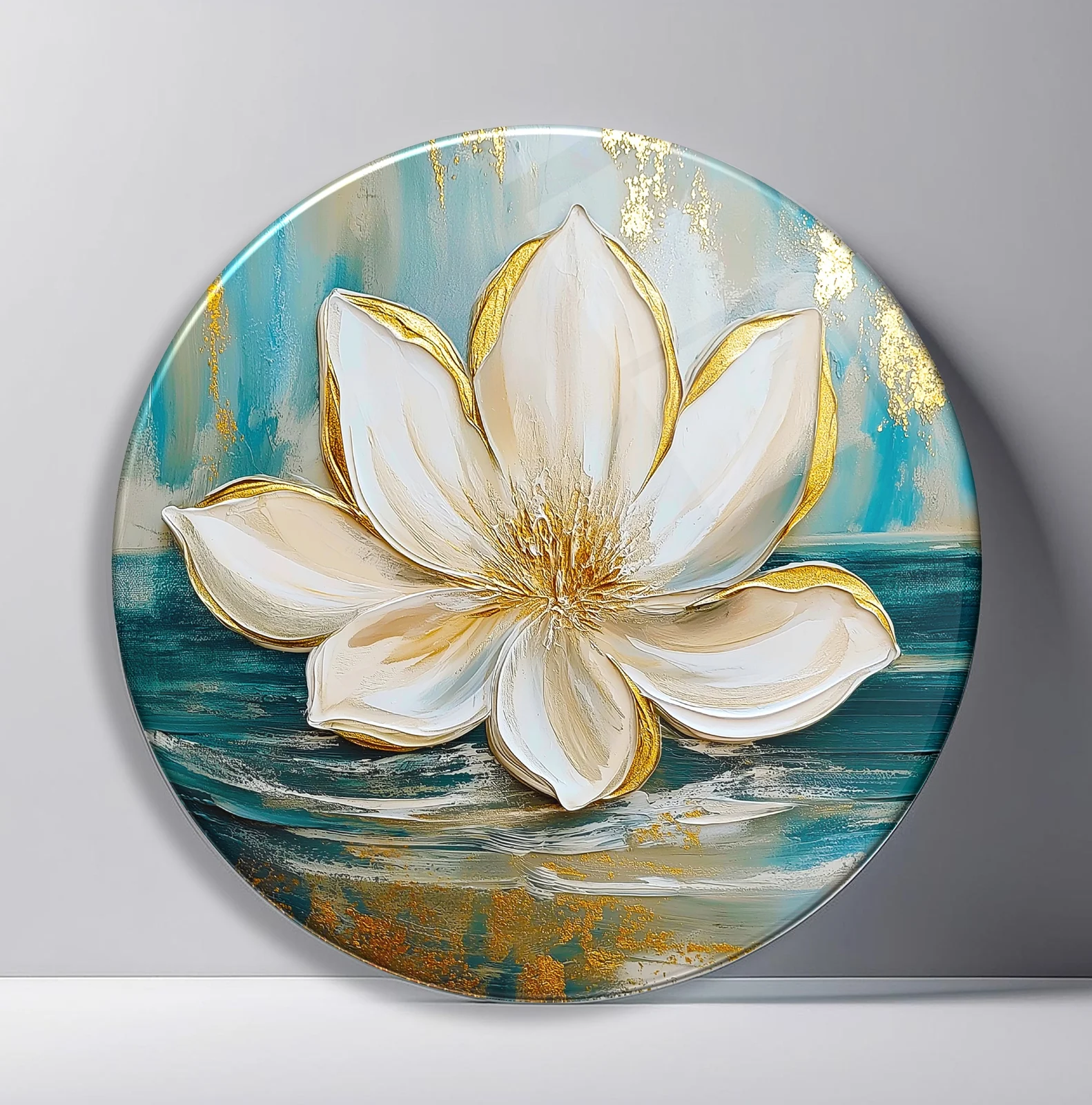 Ivory Lotus on Teal Water Round Glass Wall Art featuring large ivory lotus resting above reflective teal water
