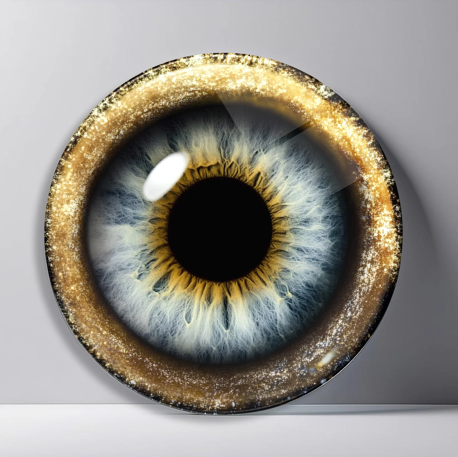 Golden Halo Gray Iris Round Glass Wall Art featuring gray blue macro iris framed by a textured metallic gold rim