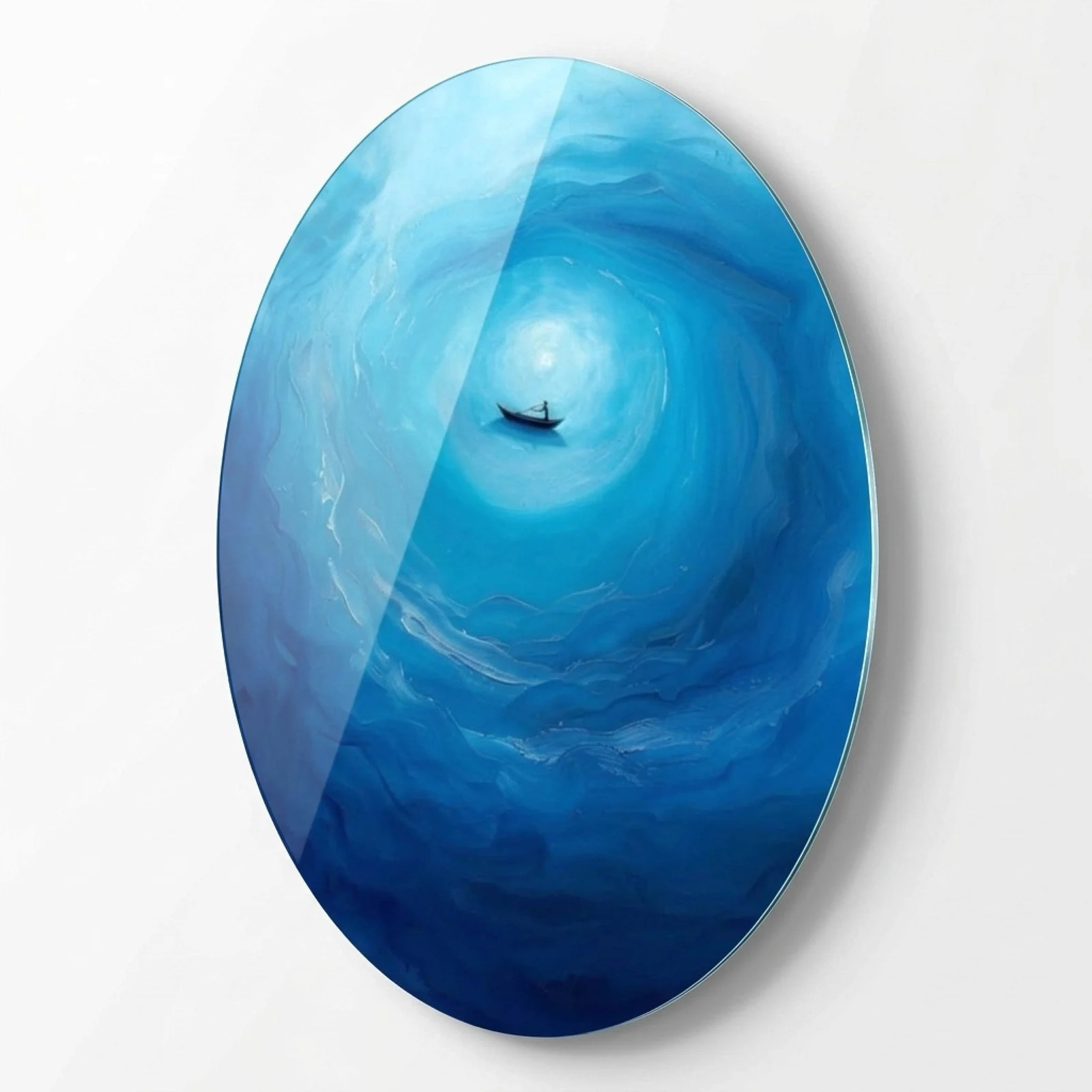 Endless Blue Vortex and Lone Boat Oval Glass Wall Art, front product view on a neutral background