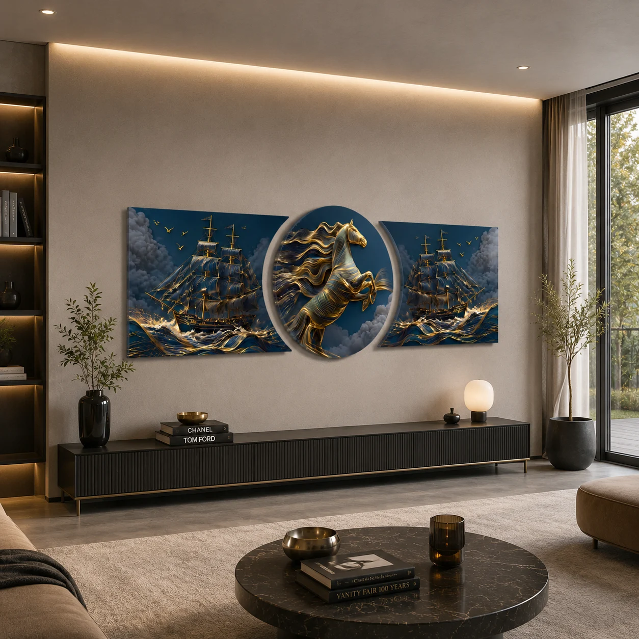 Golden Horse and City Custom-Cut Three-Piece Glass Wall Art, displayed above a console in a warm modern living room