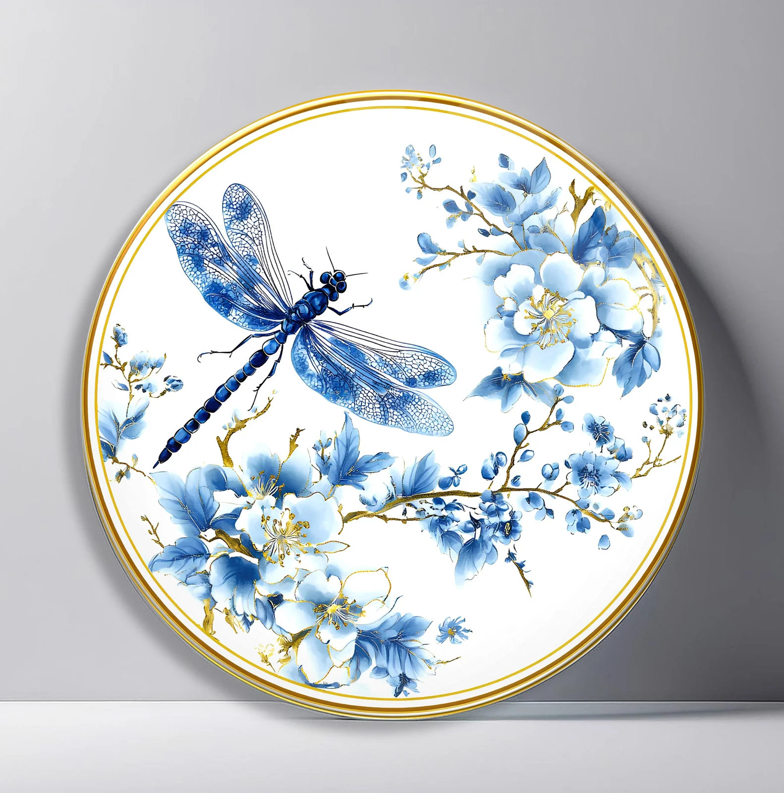 Blue Dragonfly Blossom Round Glass Wall Art featuring detailed blue dragonfly hovering among porcelain-style flowers