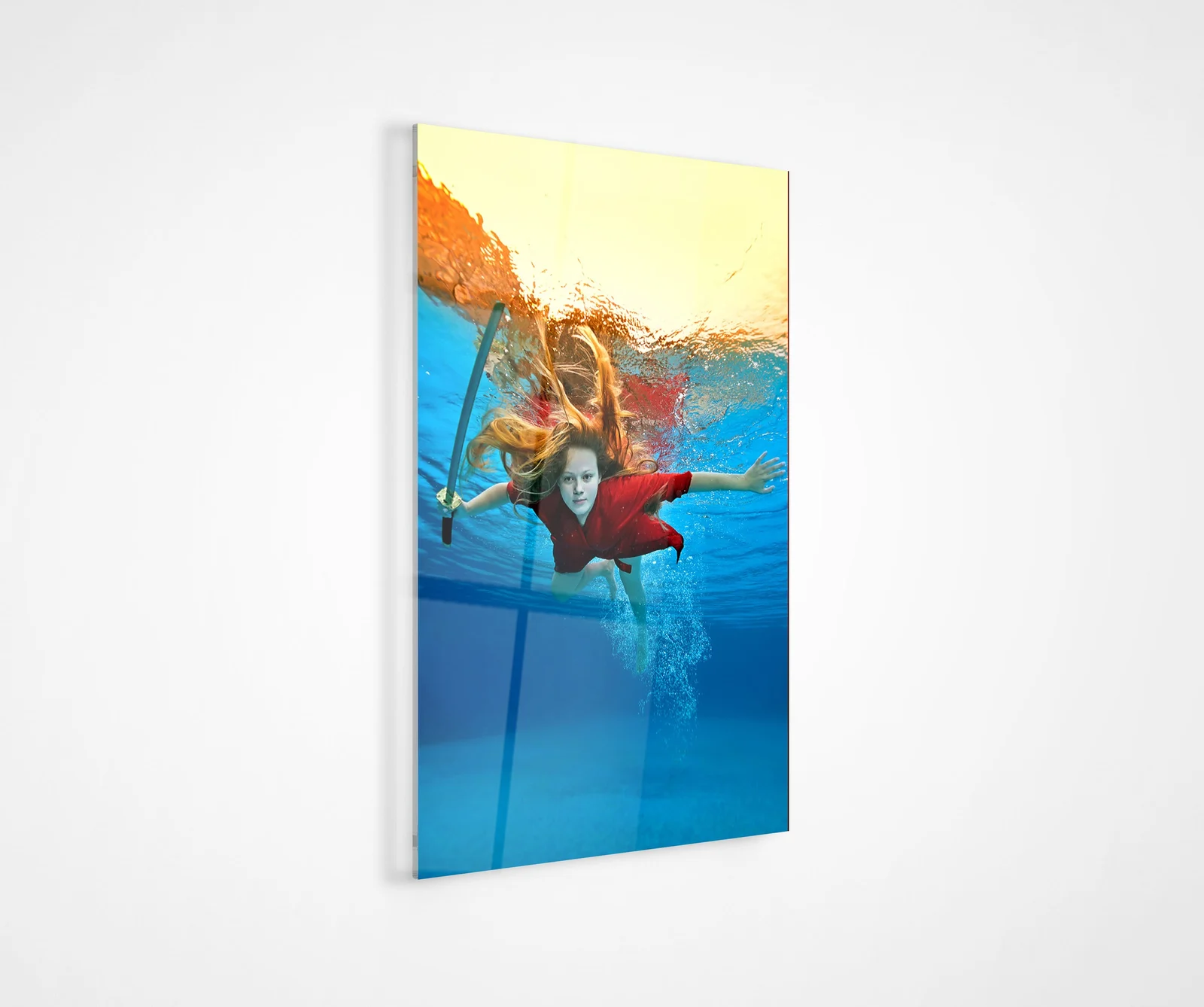 Red kimono girl underwater with sword glass wall art shown as home wall decor