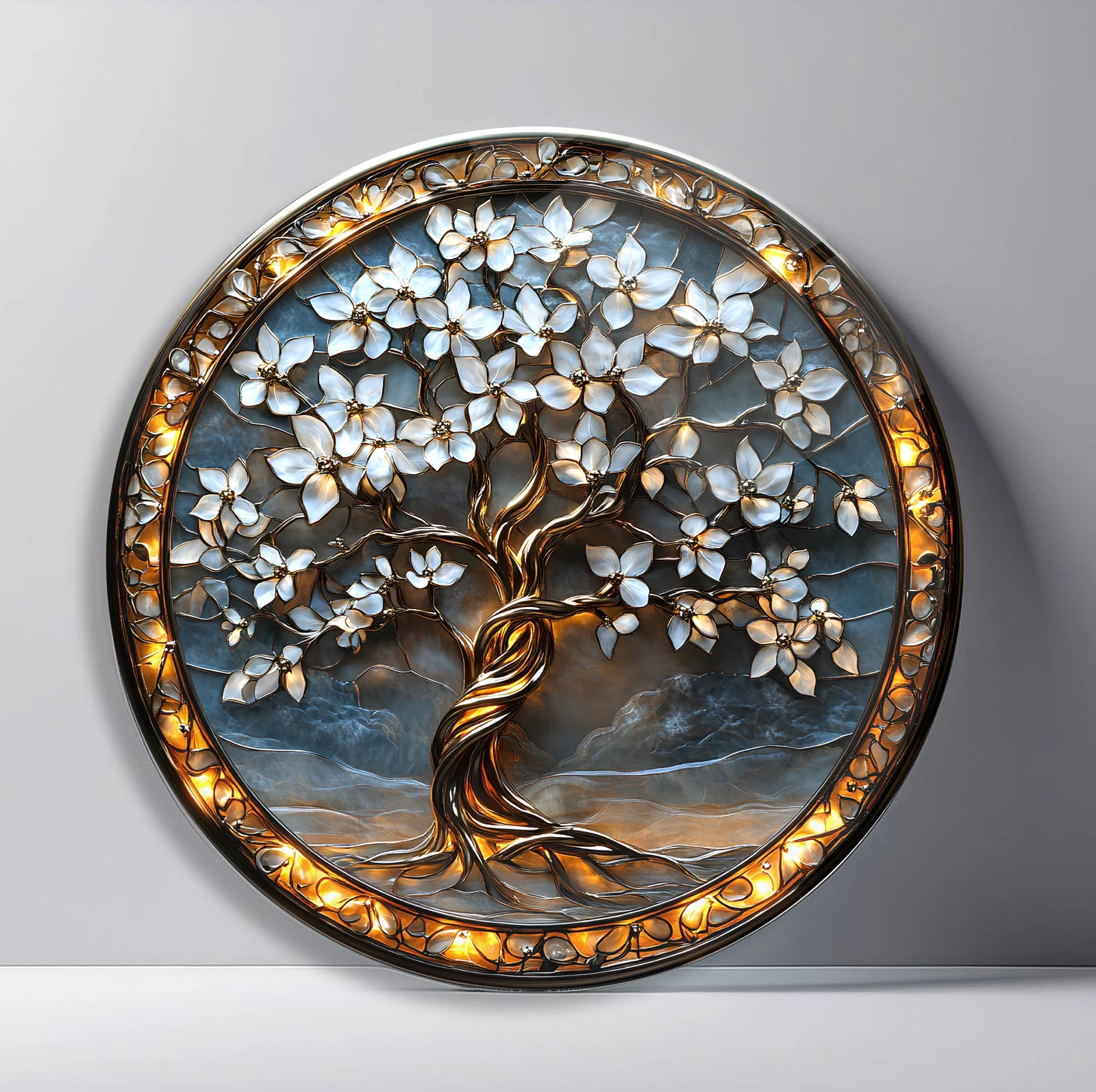 Pearl Blossom Tree Round Glass Wall Art featuring bronze tree covered in luminous white blossoms beneath a moody sky