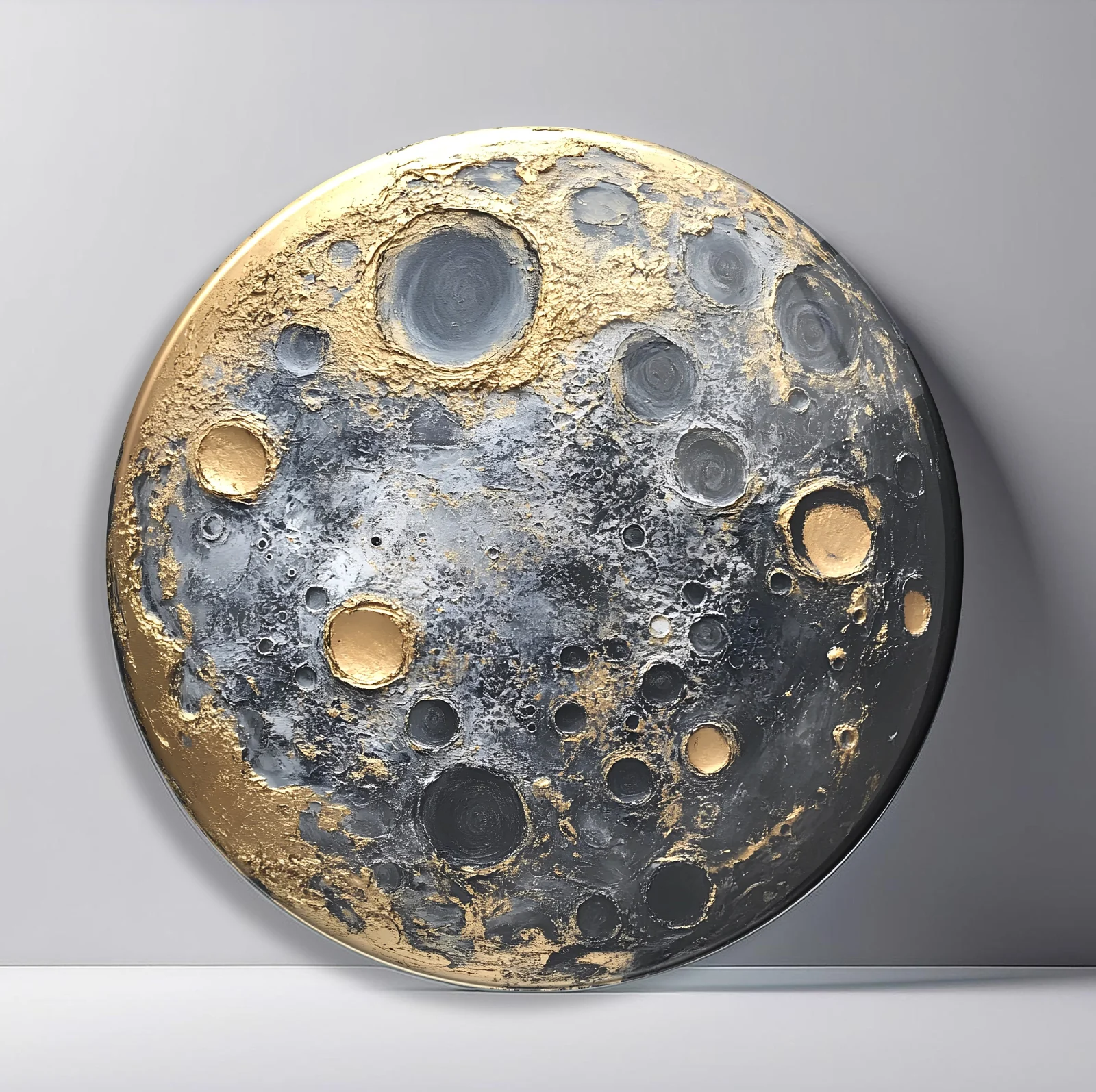 Golden Cratered Moon Round Glass Wall Art featuring highly textured gray moon surface with warm gold crater highlights