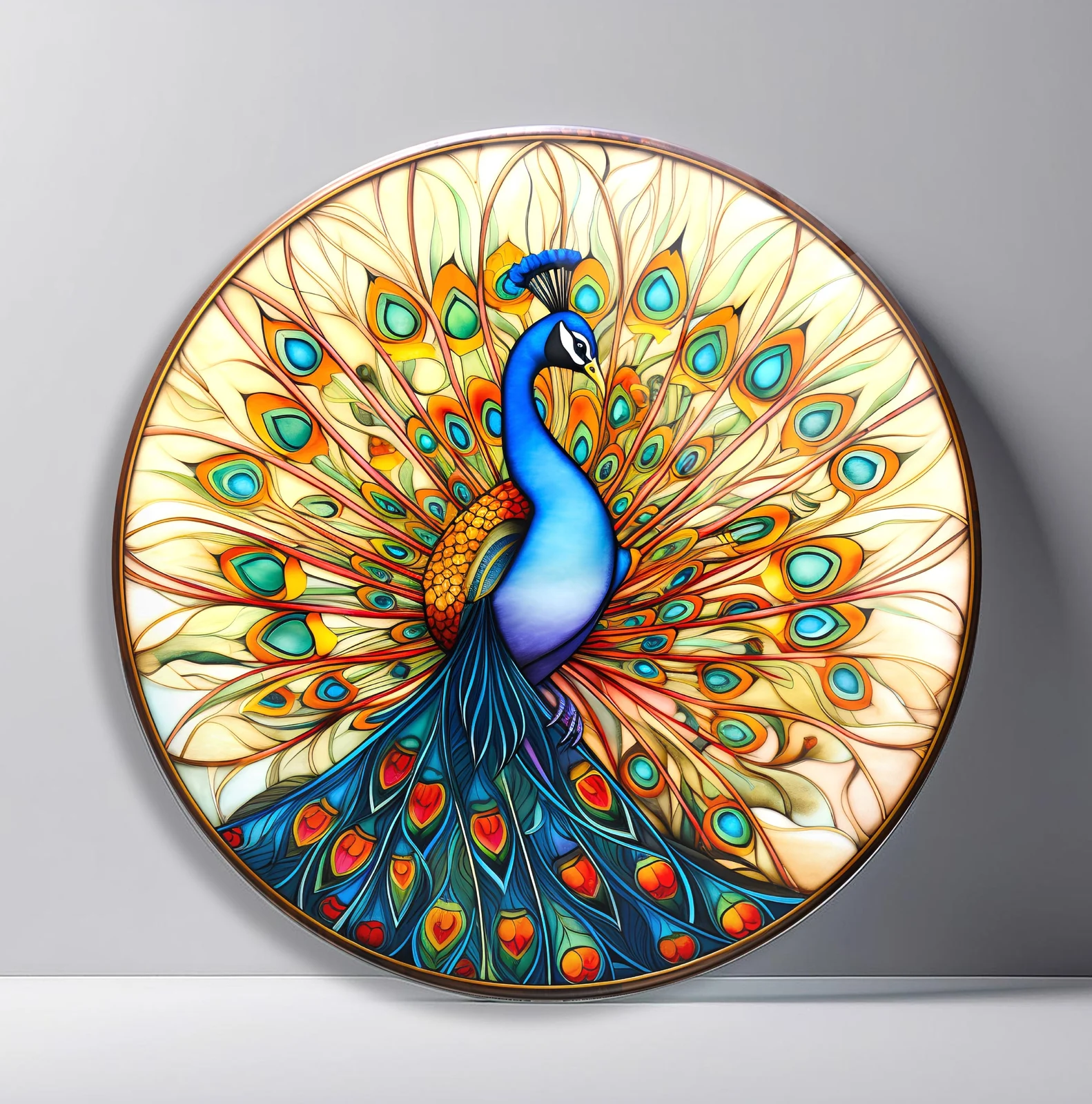 Peacock in Golden Radiance Round Glass Wall Art featuring blue peacock posed before an expansive gold and teal eye-feather fan
