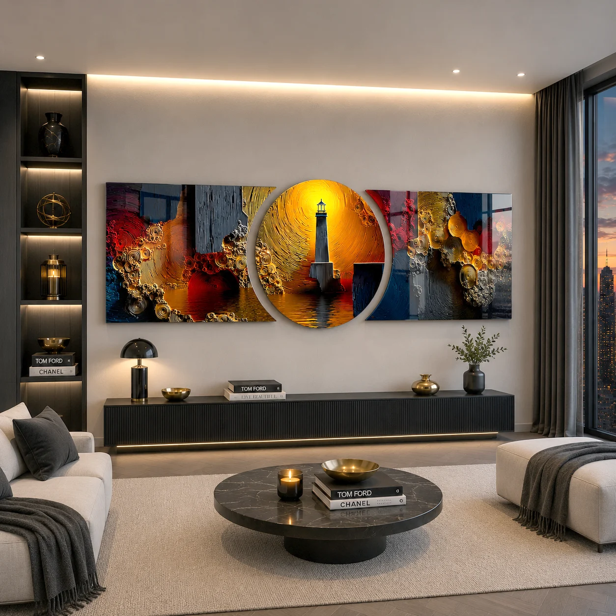 Lighthouse at Sunset Custom-Cut Three-Piece Glass Wall Art, displayed above a console in a warm modern living room