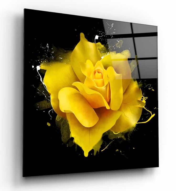 Yellow Rose Paint Splash Square Glass Wall Art, front angled view