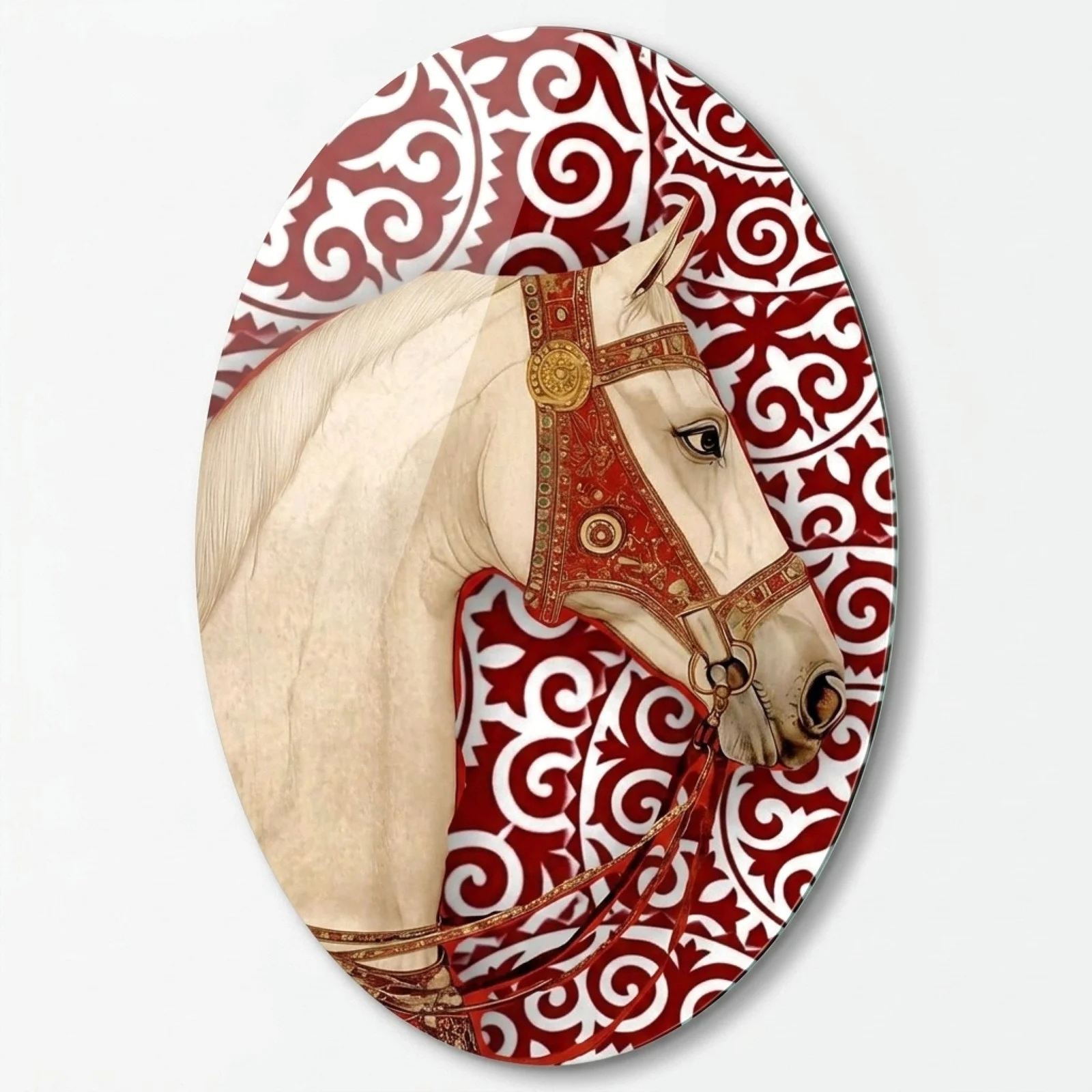 Ornamental White Horse Oval Glass Wall Art, front product view on a neutral background