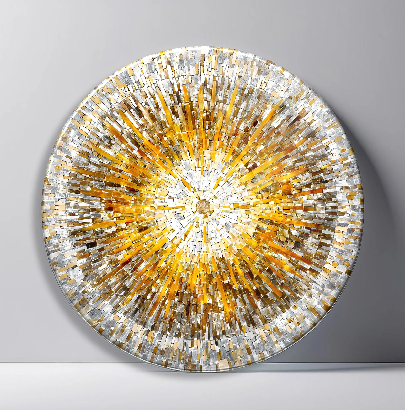 Golden Crystal Explosion Round Glass Wall Art featuring brilliant gold and clear crystal bars bursting from a luminous center
