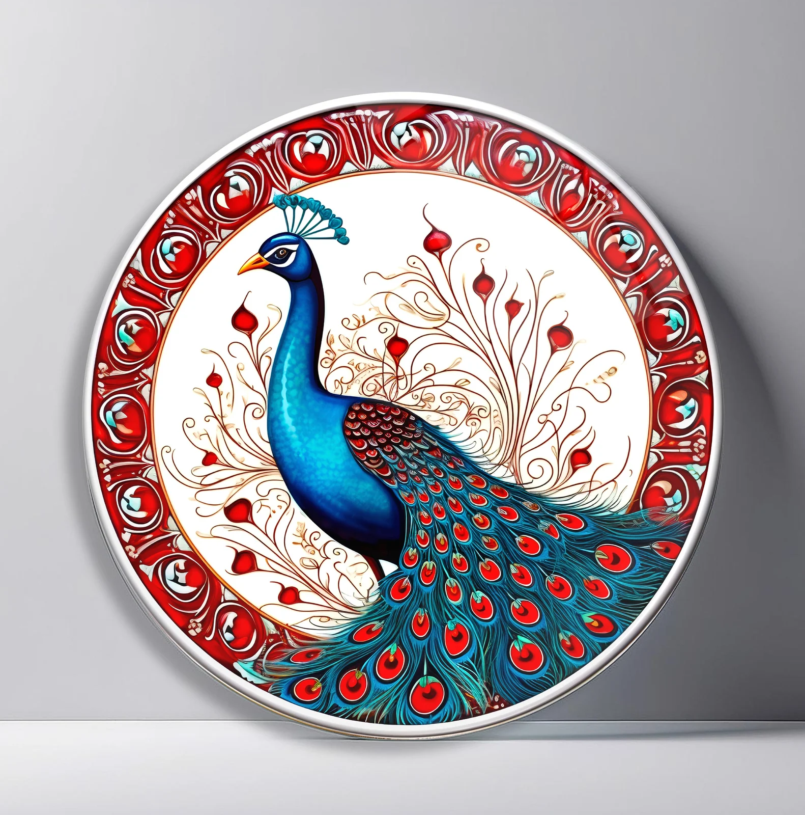 Regal Peacock in Red Filigree Round Glass Wall Art featuring blue peacock framed by red floral scrollwork