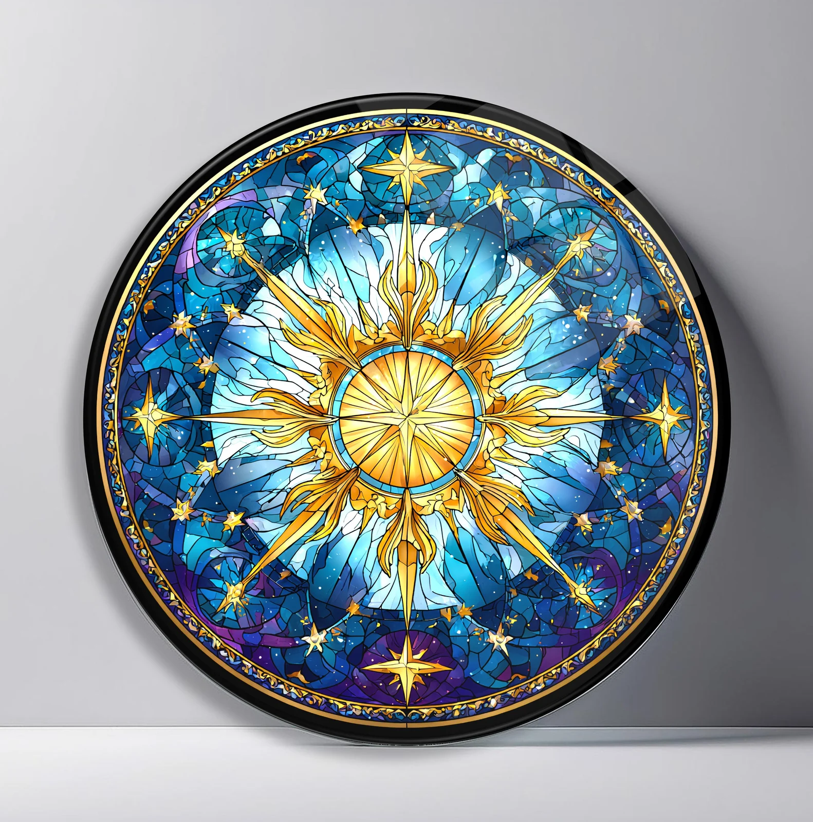 Celestial Sun Compass Round Glass Wall Art featuring golden sun compass surrounded by stars and deep blue ornamental skies