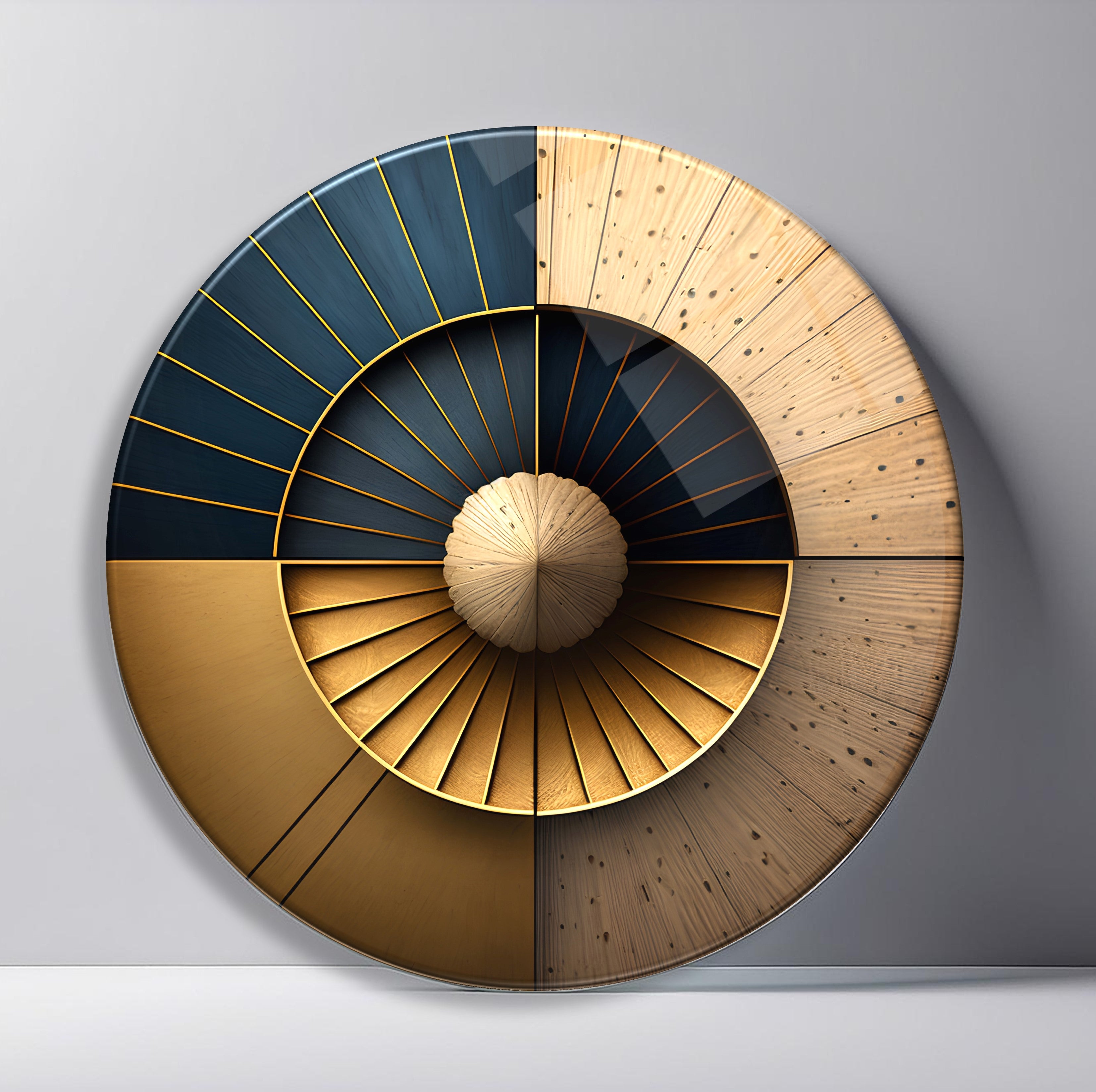 Midnight Gold Geometric Balance Round Glass Wall Art featuring layered navy and gold arcs, grids, and spheres in a balanced composition