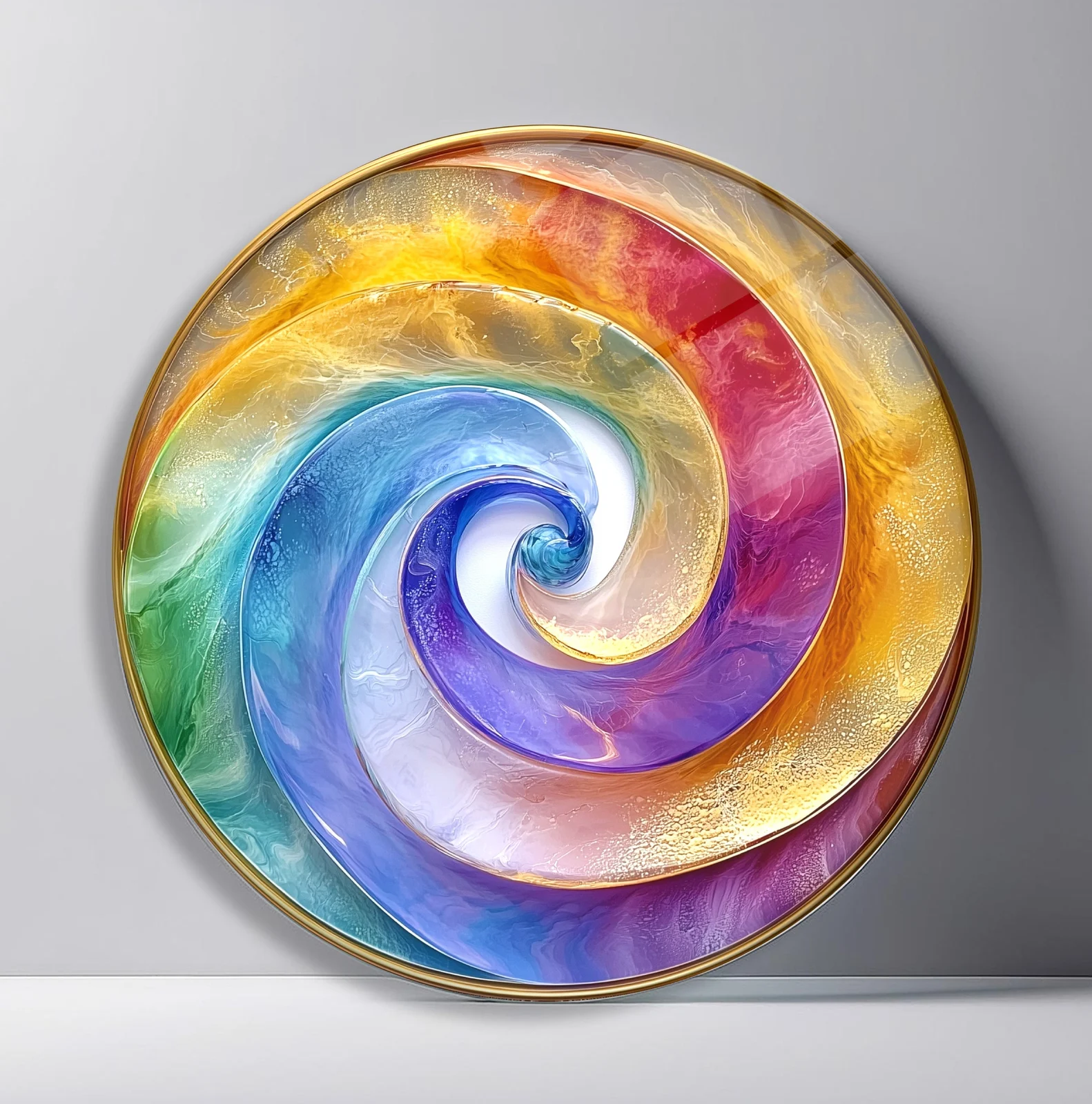 Pastel Rainbow Spiral Round Glass Wall Art featuring soft translucent color ribbons curling into a luminous central spiral