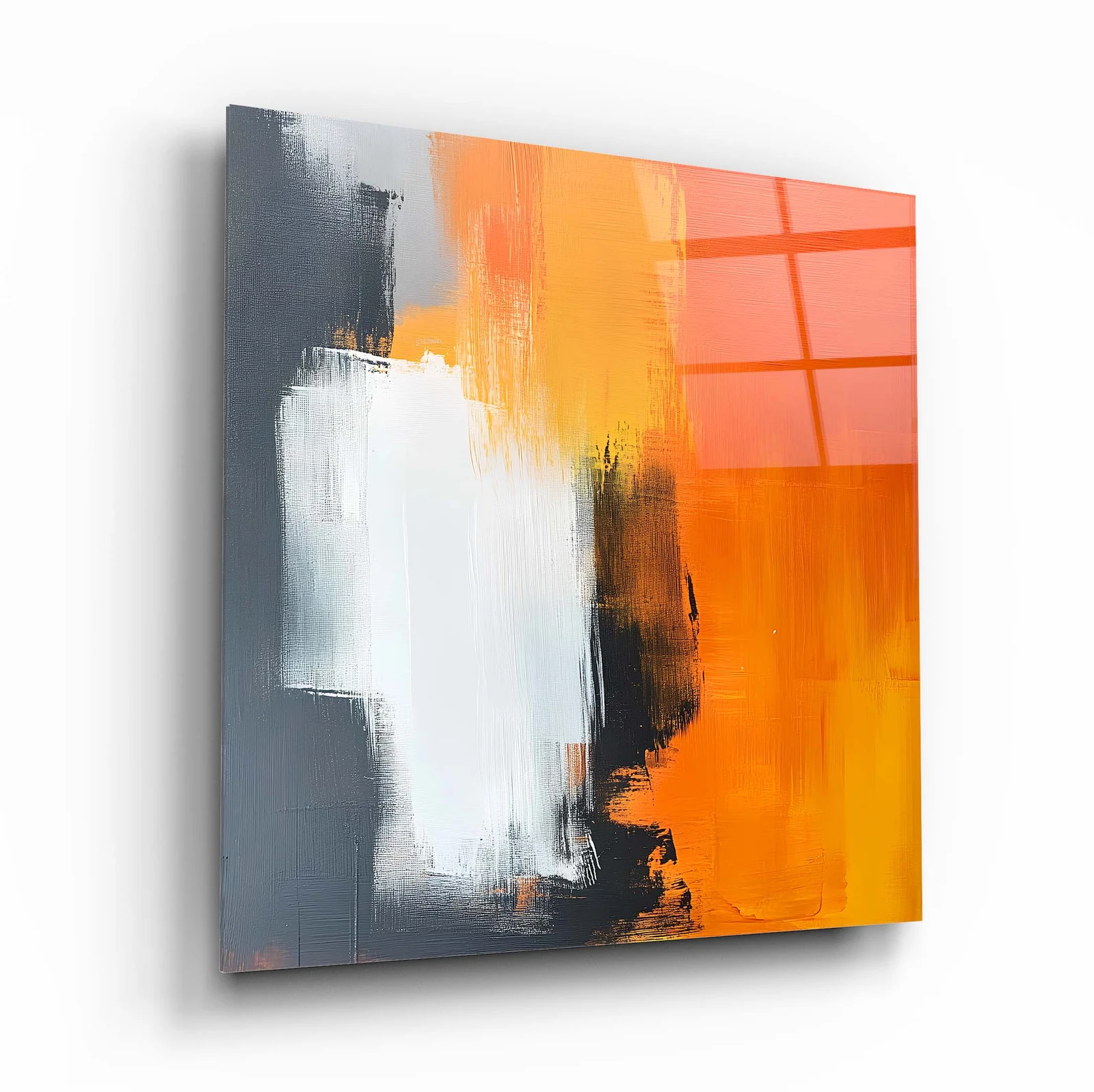 Orange Charcoal Color Blocks Square Glass Wall Art, front angled view