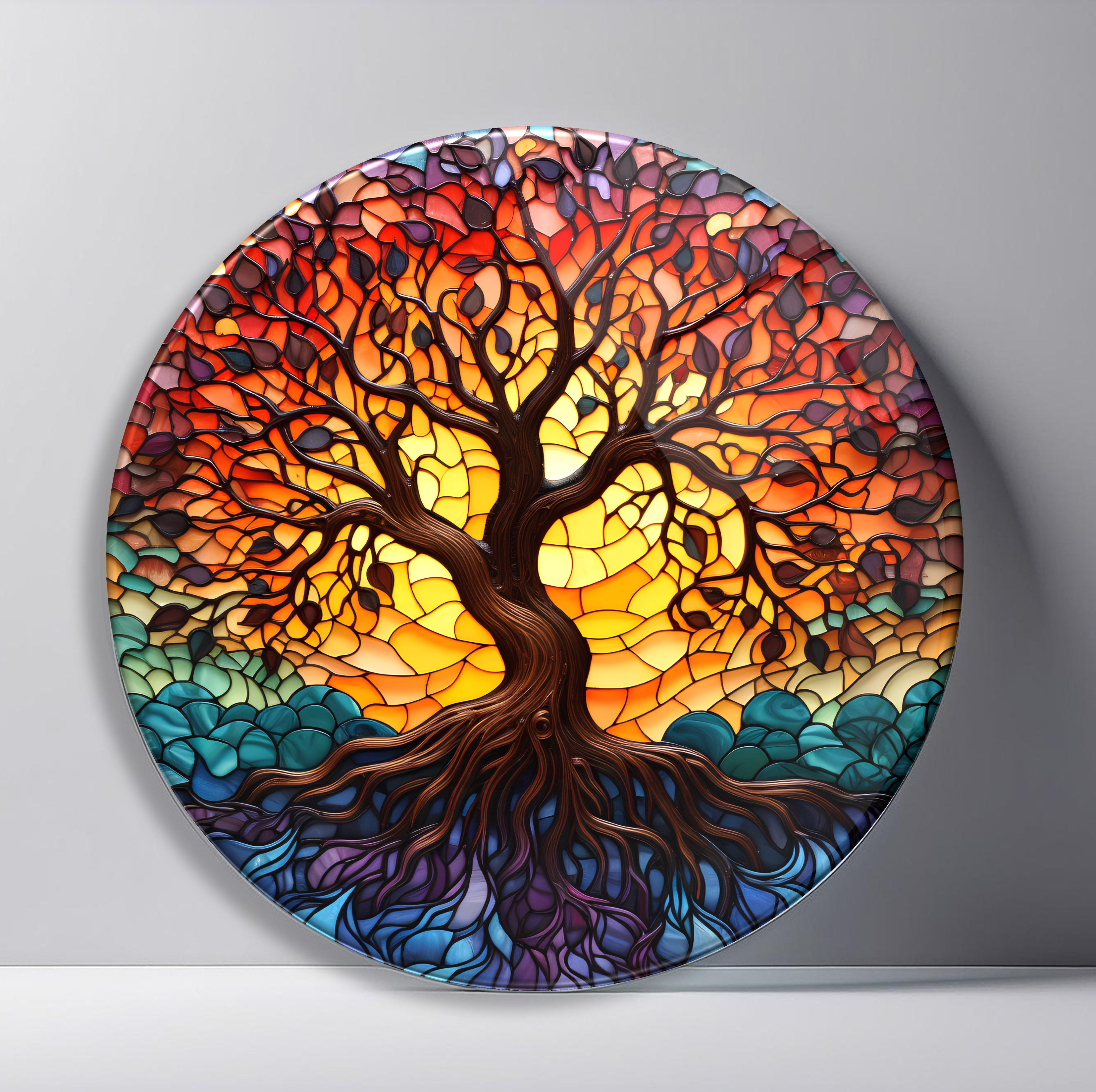 Crimson Sunset Tree of Life Round Glass Wall Art featuring red and orange tree silhouetted before a glowing sunset and blue roots